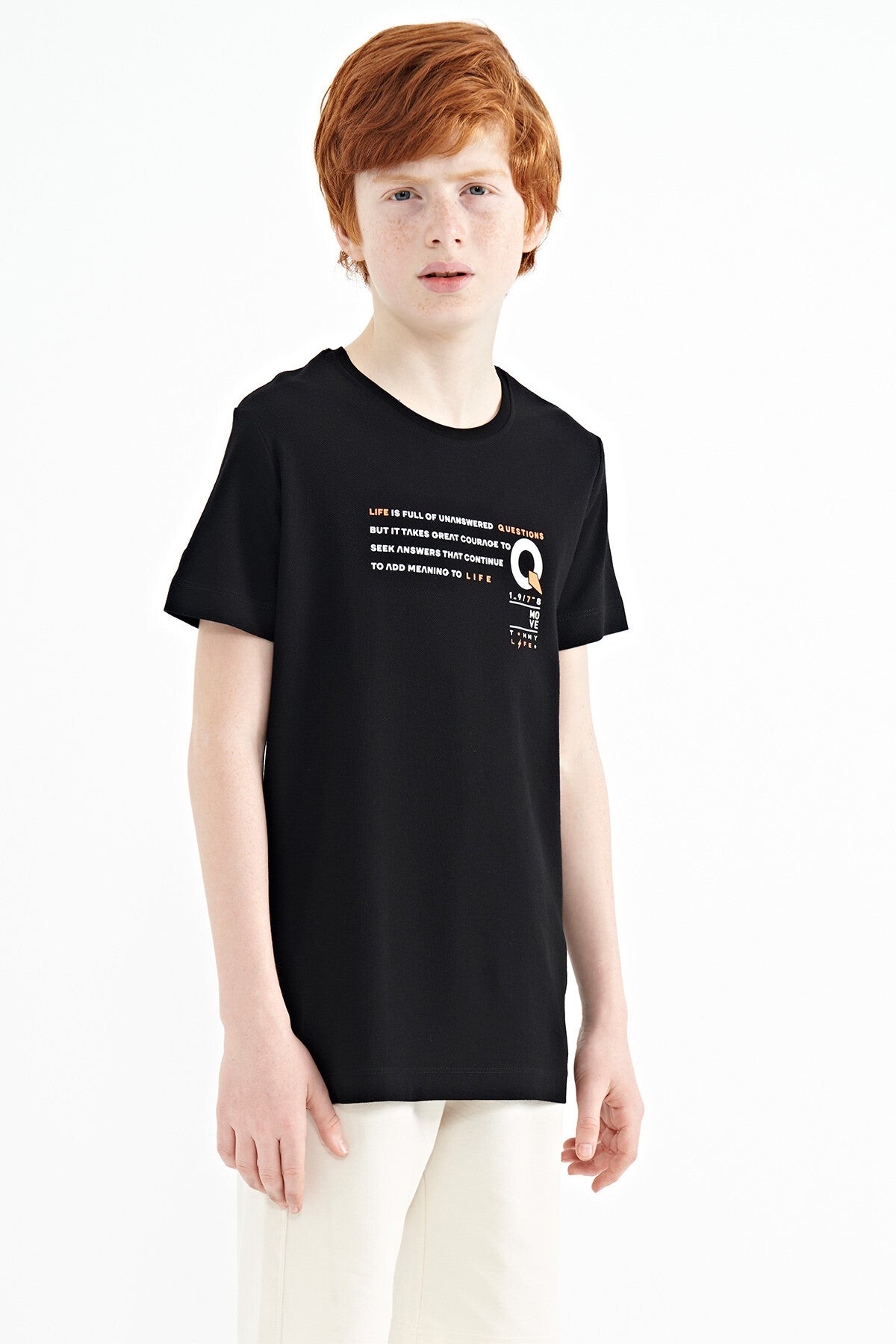 Siyah Baskı Detaylı O Yaka Standart Kalıp Erkek Çocuk T-Shirt - 11145