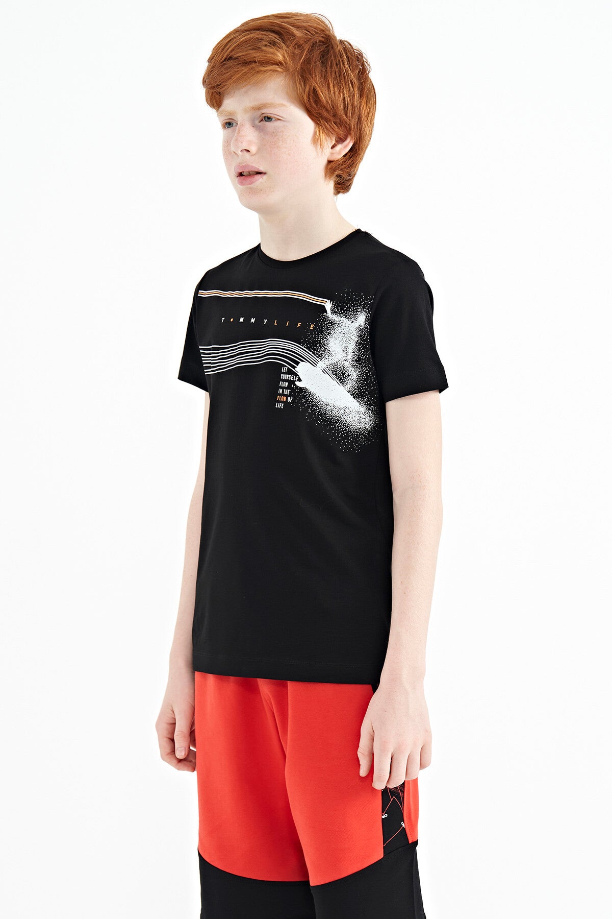 Siyah Baskı Detaylı Standart Kalıp O Yaka Erkek Çocuk T-Shirt - 11133