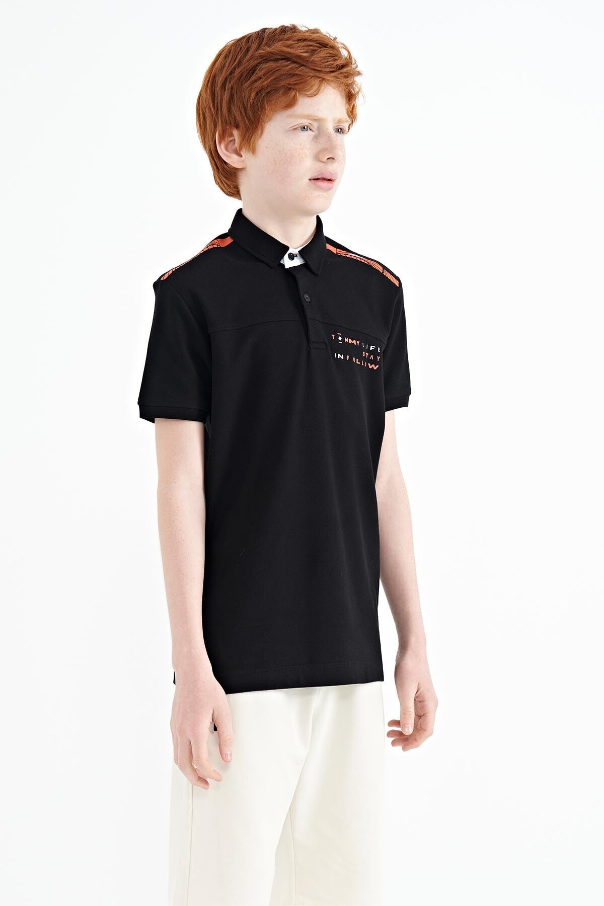 Siyah Baskı Detaylı Standart Kalıp Polo Yaka Erkek Çocuk T-Shirt - 11140