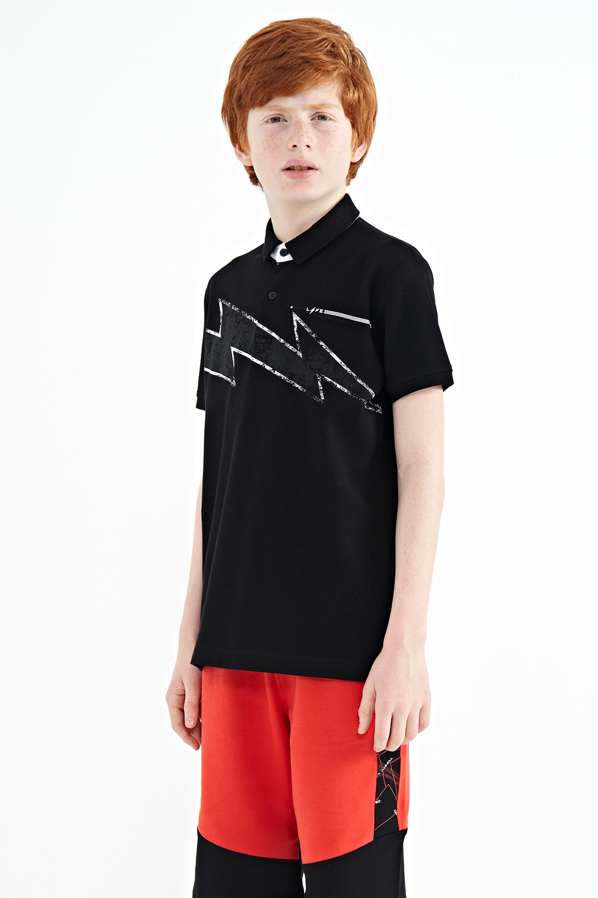Siyah Baskı Detaylı Standart Kalıp Polo Yaka Erkek Çocuk T-Shirt - 11154