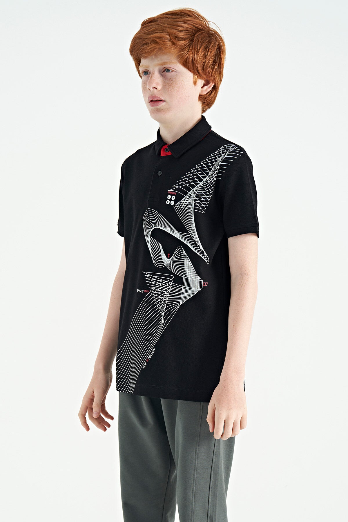 Siyah Baskı Detaylı Standart Kalıp Polo Yaka Erkek Çocuk T-Shirt - 11164