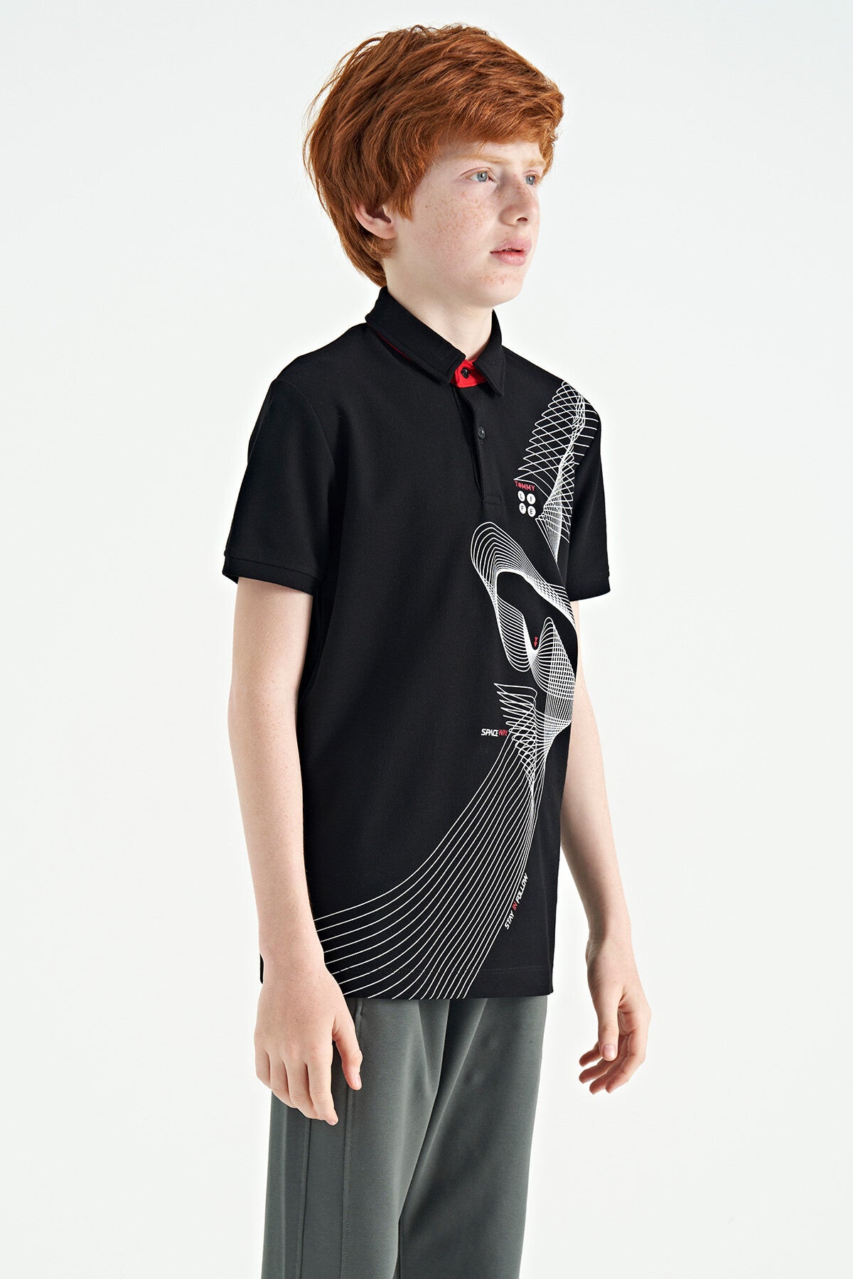 Siyah Baskı Detaylı Standart Kalıp Polo Yaka Erkek Çocuk T-Shirt - 11164