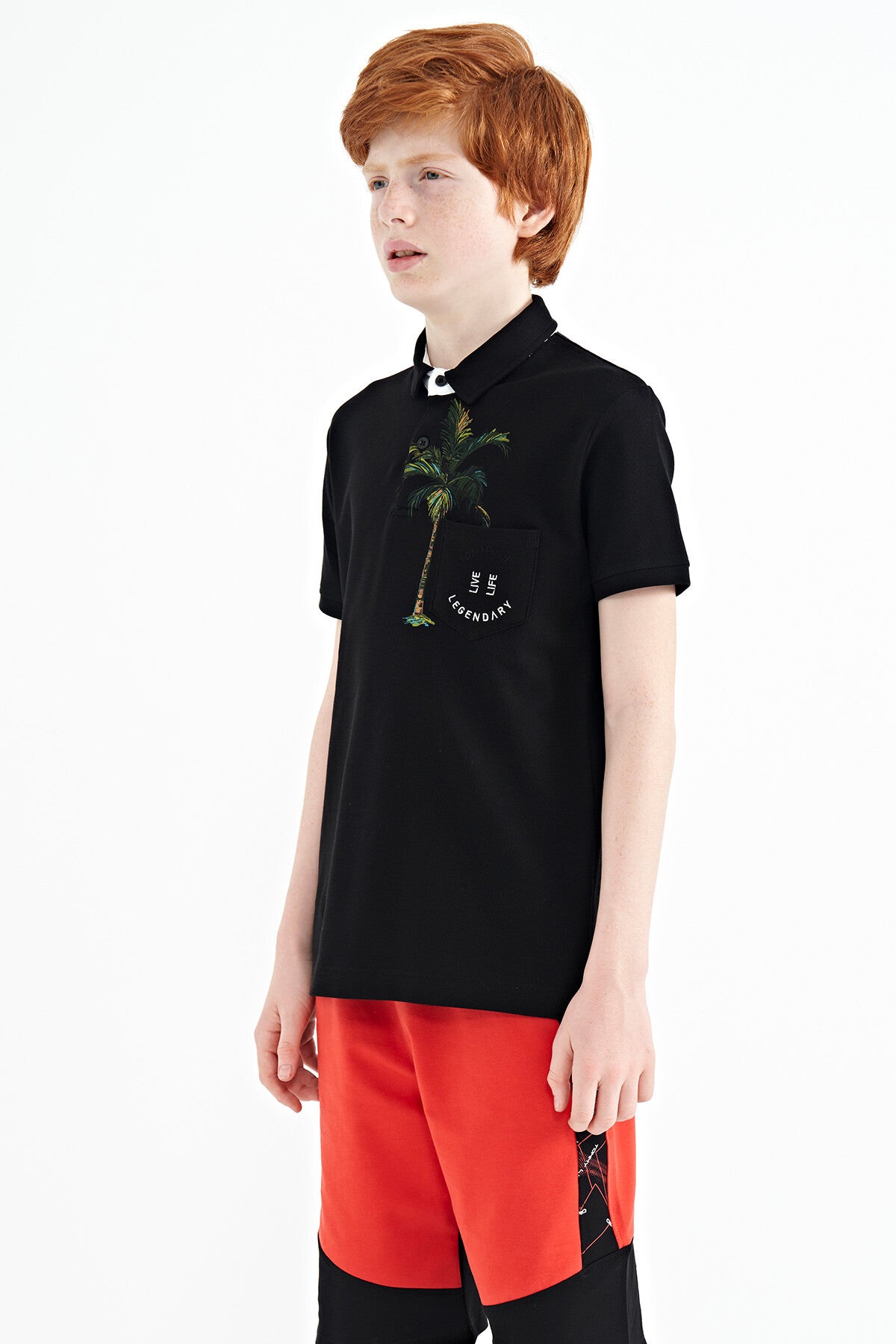 Siyah Baskılı Cep Detaylı Standart Kalıp Polo Yaka Erkek Çocuk T-Shirt - 11144