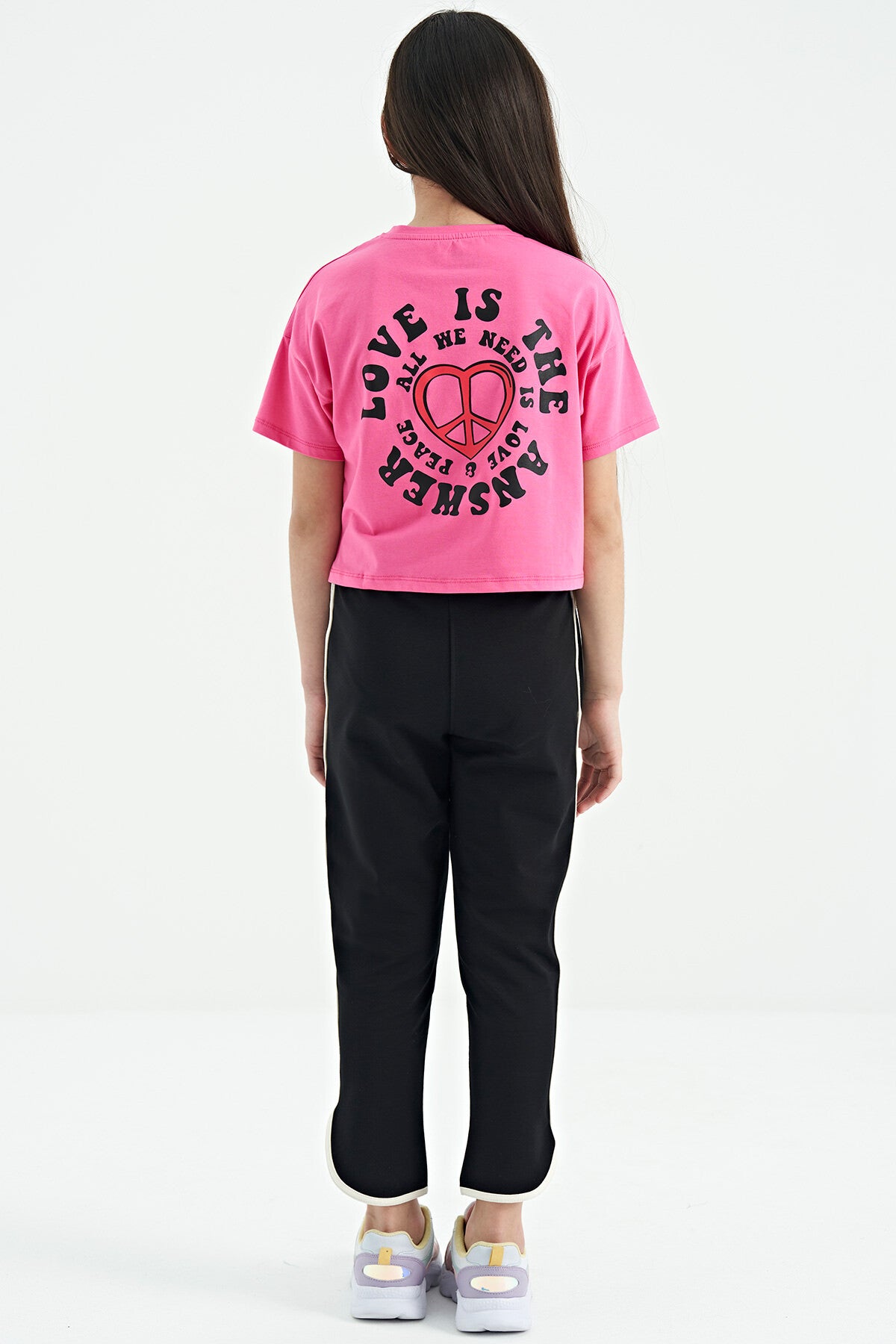 Siyah Biye Detaylı Bağcıklı Ön Nevürlü Geniş Paçalı Kız Çocuk Eşofman Altı - 75124