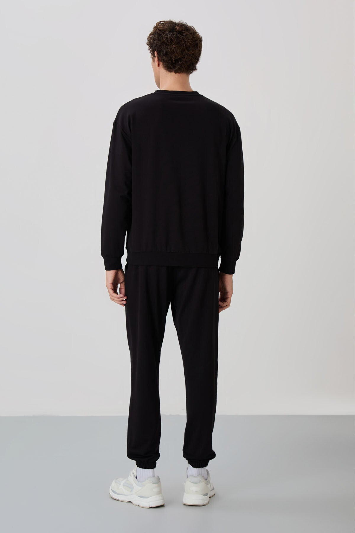 Siyah Casual O Yaka Lastik Paça Pamuklu Erkek Oversize Eşofman Takımı - 85120