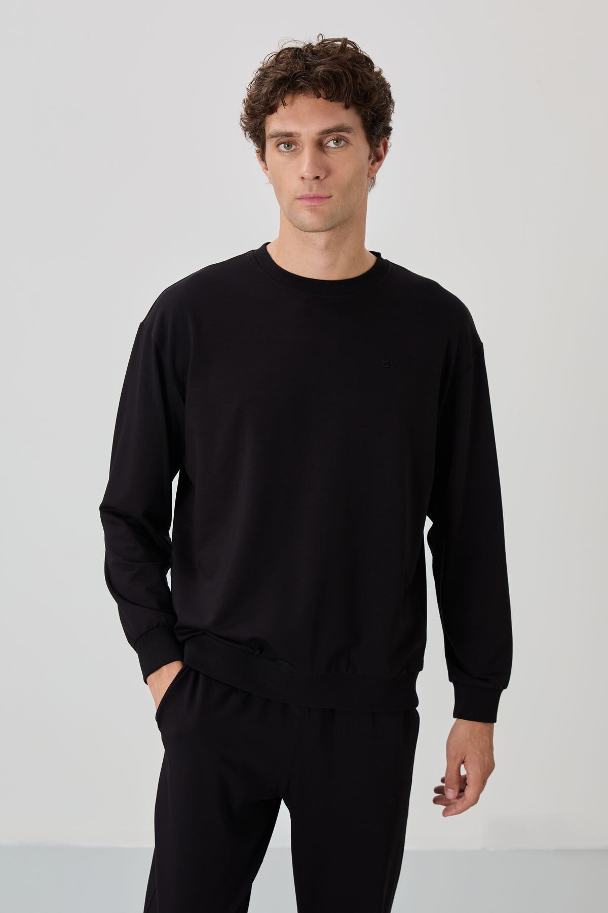 Siyah Casual O Yaka Lastik Paça Pamuklu Erkek Oversize Eşofman Takımı - 85120