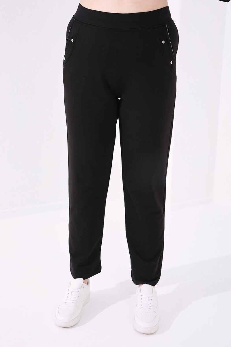 Siyah Cepli Rahat Form Klasik Paça Kadın Büyük Beden Eşofman Alt - 94017