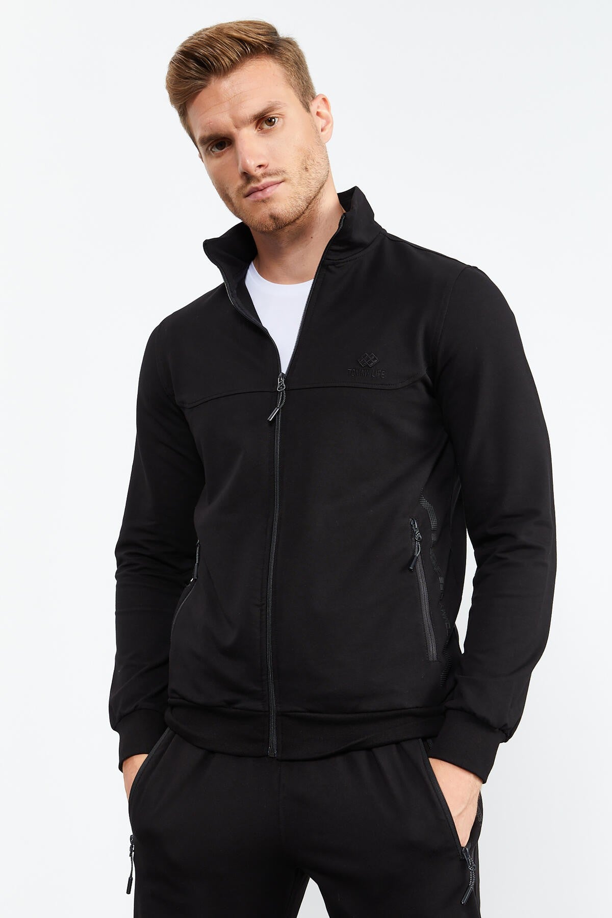 Siyah Dik Yaka Fermuarlı Standart Kalıp Klasik Paça Erkek Eşofman Takımı - 85152