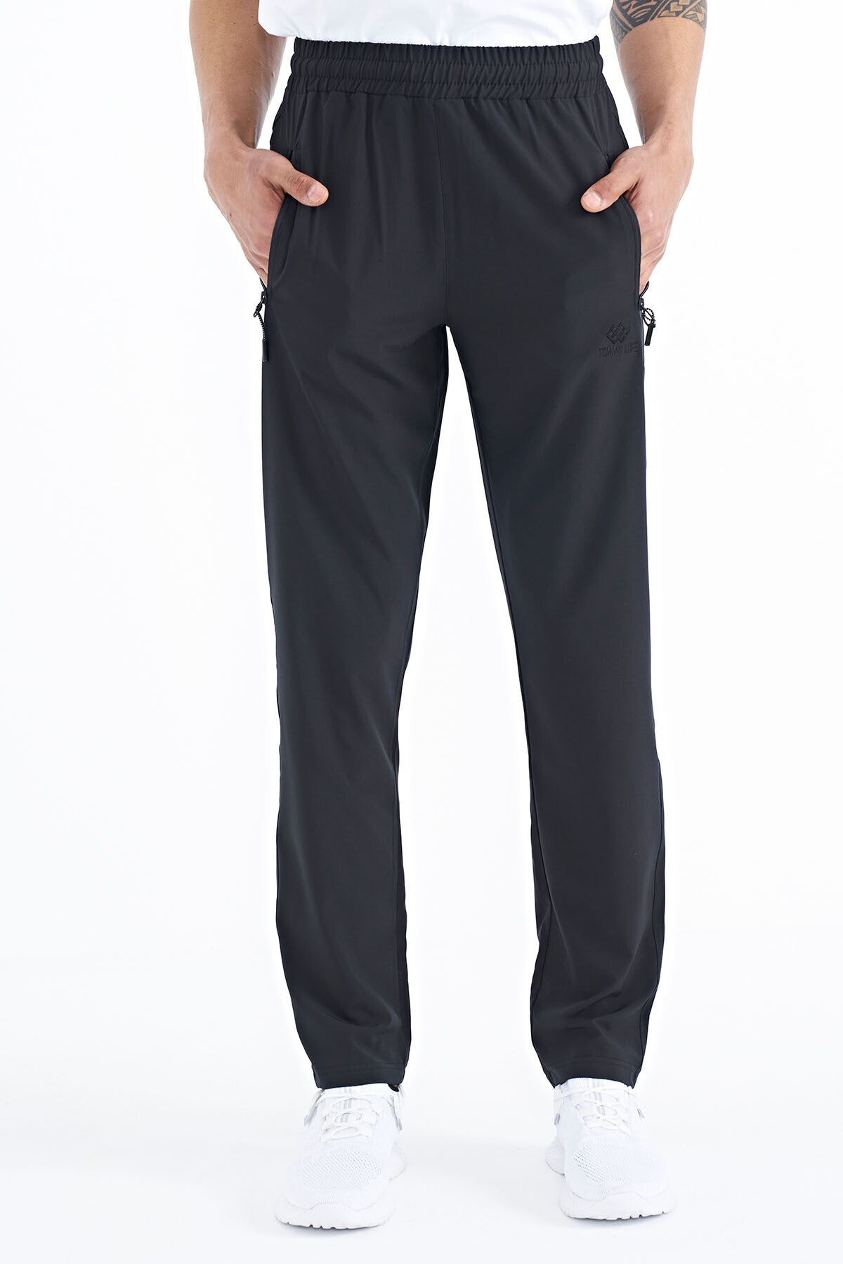 Siyah Erkek Fermuarlı Üç Cepli Standart Kalıp Klasik Paça Eşofman Alt - 84768