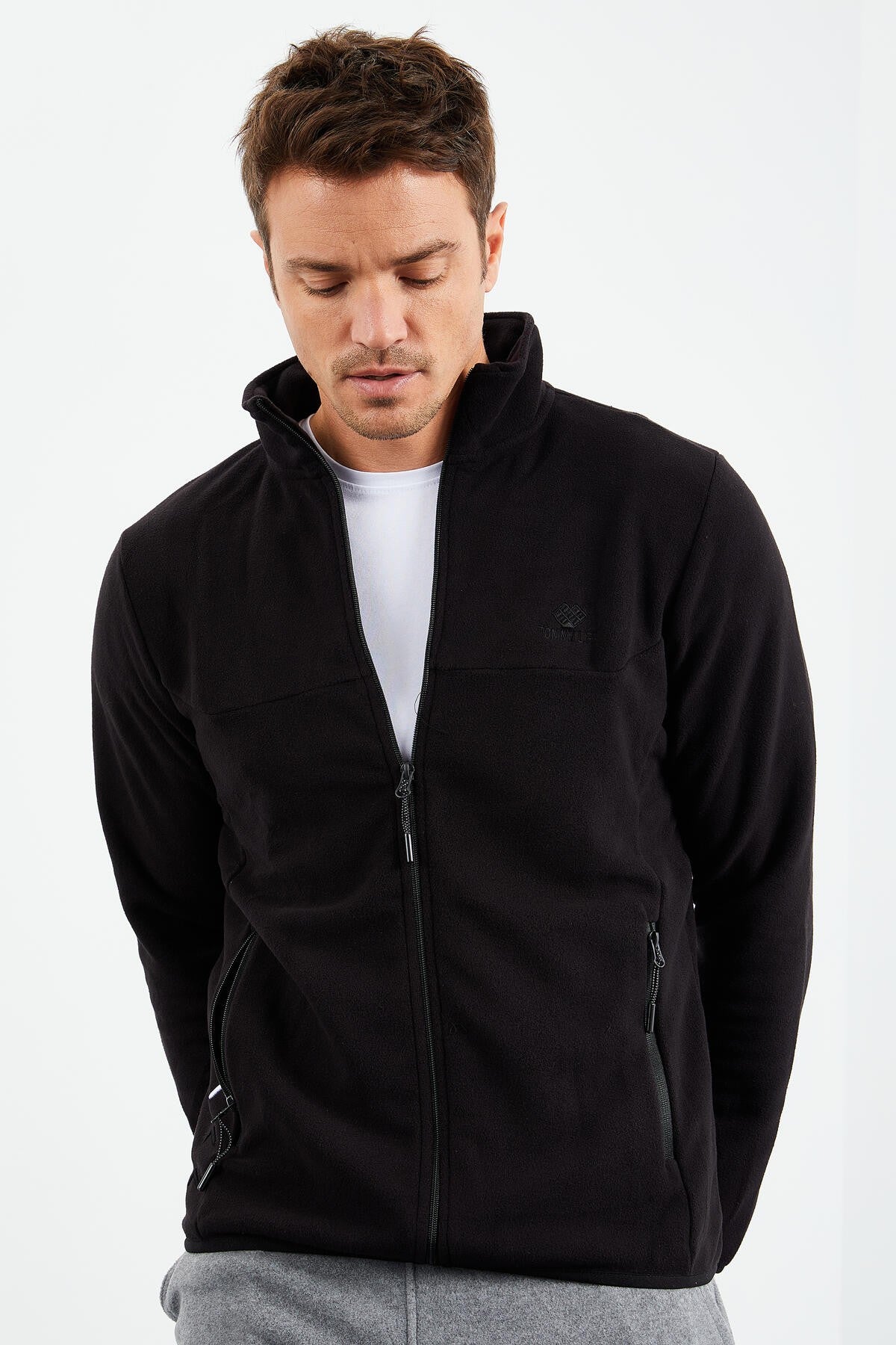 Siyah Fermuarlı Sweatshirt Slim Fit Dik Yaka Erkek Polar - 87270