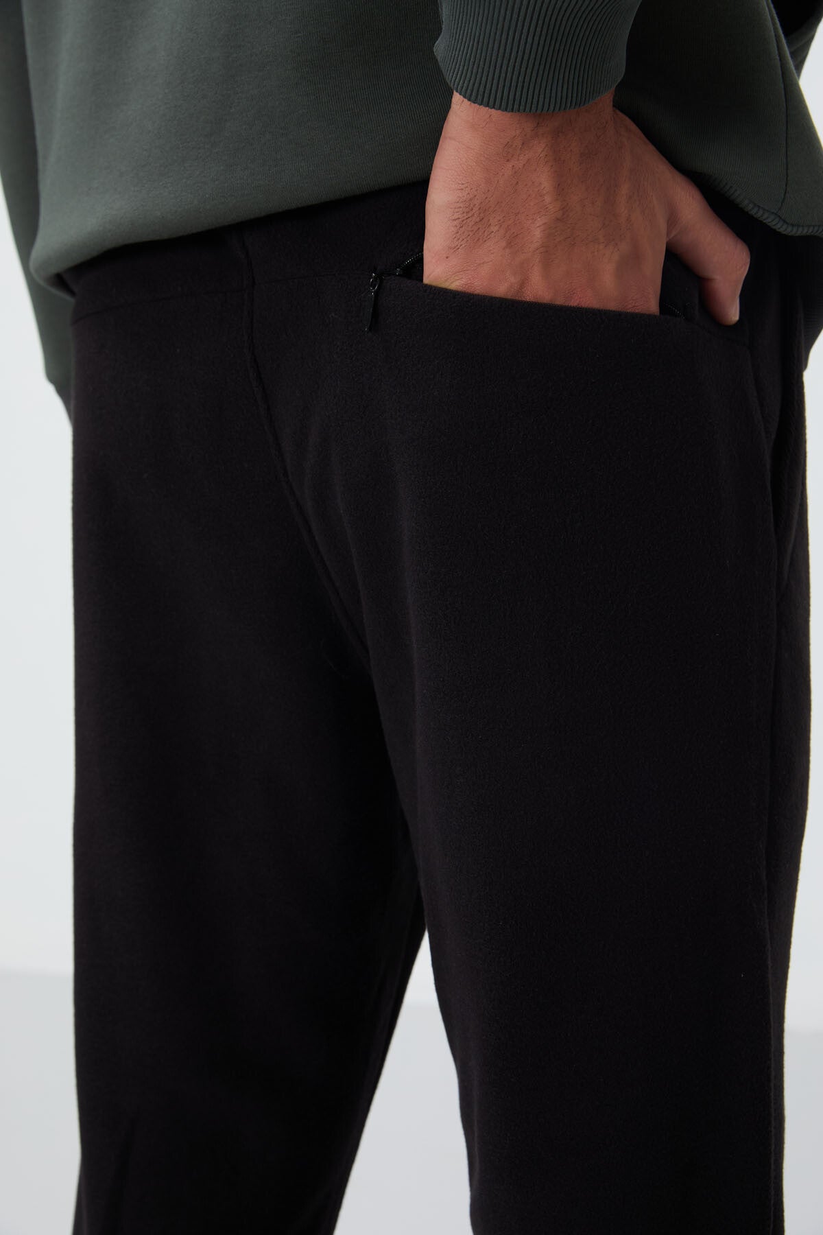 Siyah Gizli Fermuarlı Rahat Form Jogger Polar Erkek Eşofman Alt - 84866