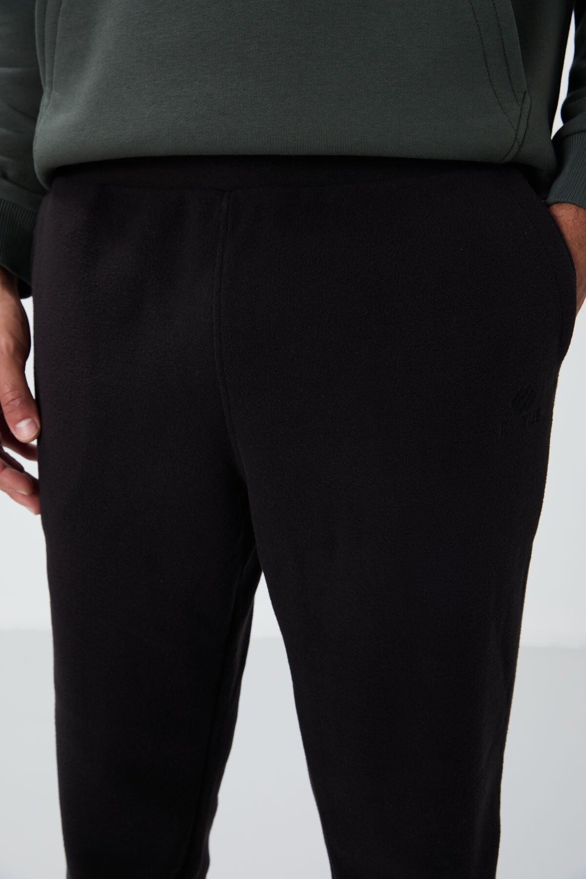 Siyah Gizli Fermuarlı Rahat Form Jogger Polar Erkek Eşofman Alt - 84866