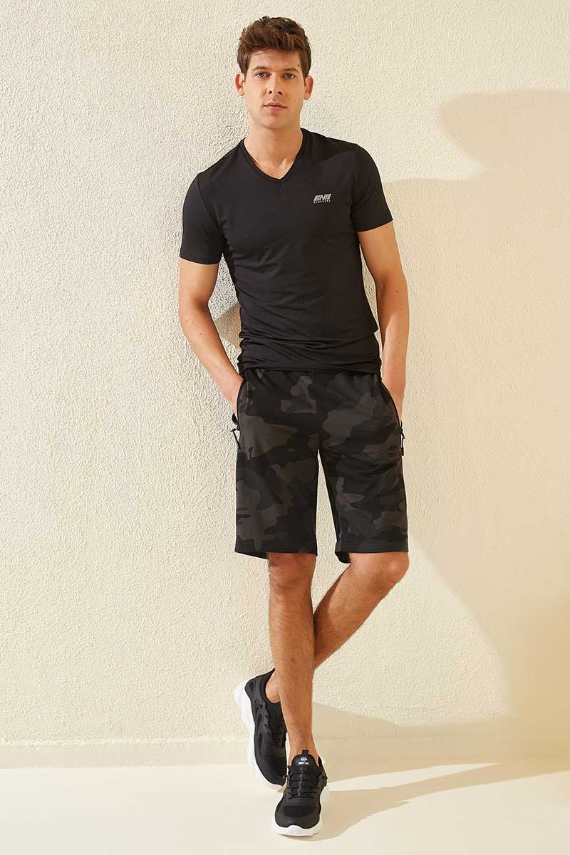 Siyah Gölge Kamuflaj Desenli Standart Kalıp Erkek Şort - 81157