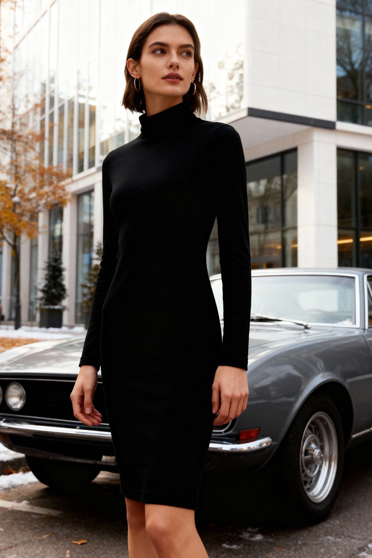 Siyah Kaşkorse Triko Dar Kalıp Balıkçı Yaka Kadın Elbise - 97117