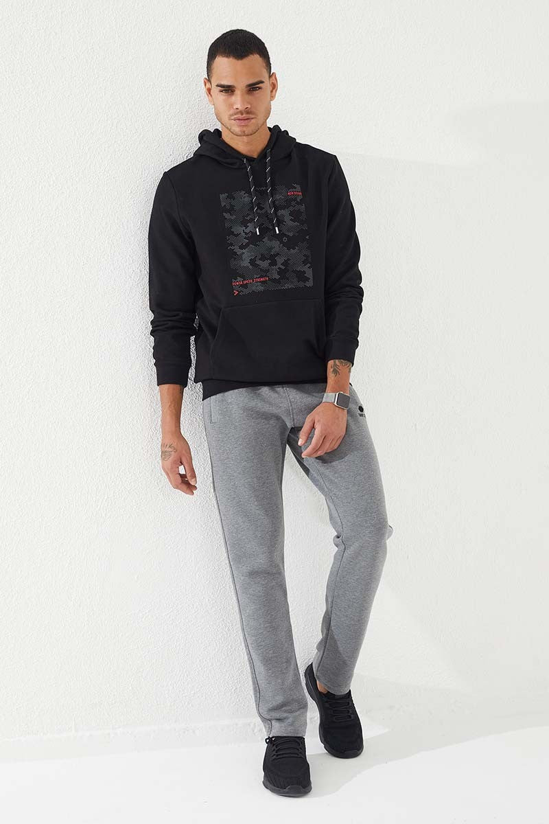 Siyah Kamuflaj Desen Baskılı Standart Kalıp Kapüşonlu Erkek Sweatshirt - 87884