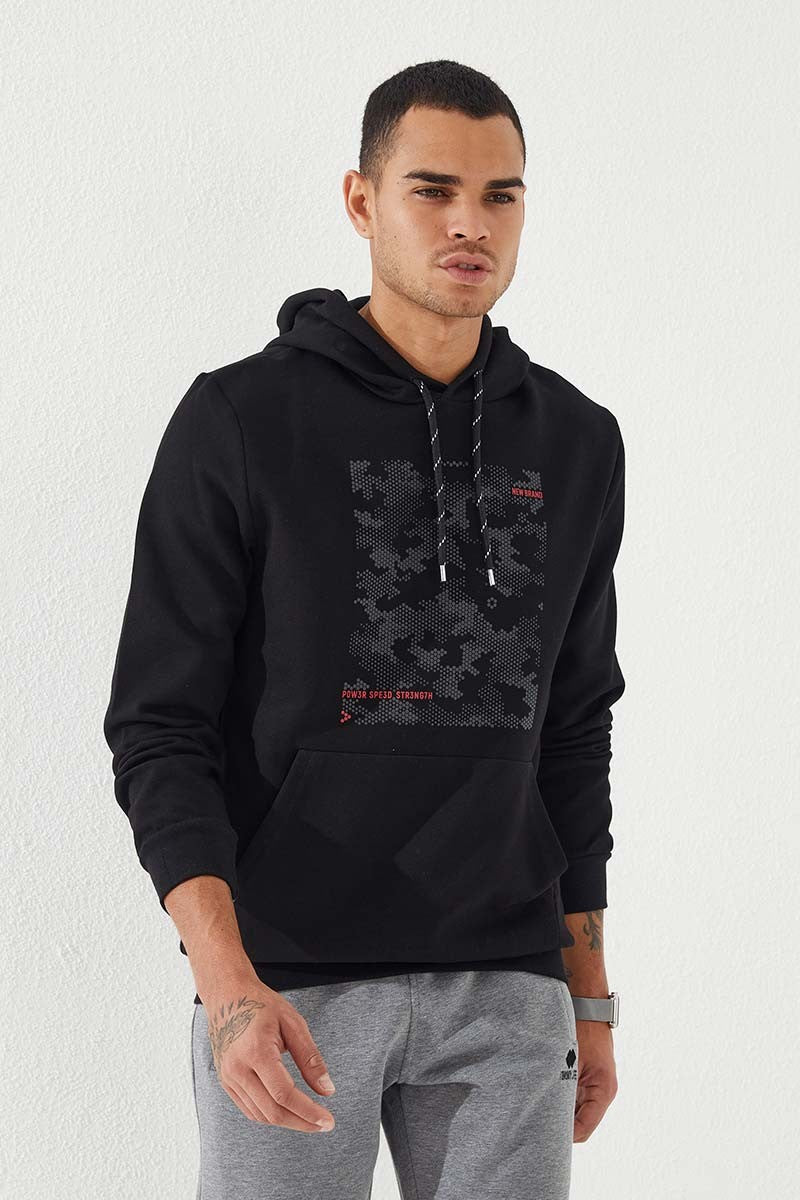 Siyah Kamuflaj Desen Baskılı Standart Kalıp Kapüşonlu Erkek Sweatshirt - 87884