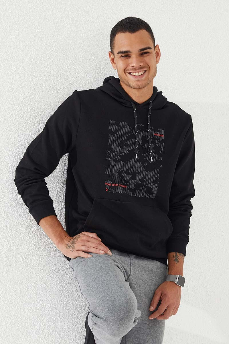 Siyah Kamuflaj Desen Baskılı Standart Kalıp Kapüşonlu Erkek Sweatshirt - 87884
