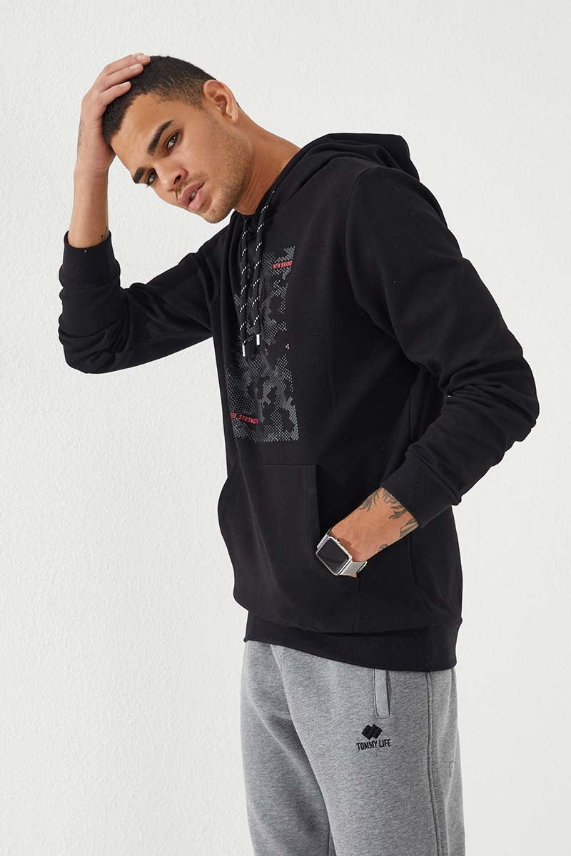 Siyah Kamuflaj Desen Baskılı Standart Kalıp Kapüşonlu Erkek Sweatshirt - 87884