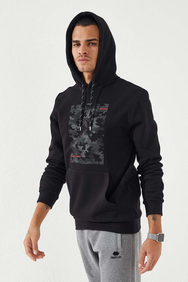 Siyah Kamuflaj Desen Baskılı Standart Kalıp Kapüşonlu Erkek Sweatshirt - 87884