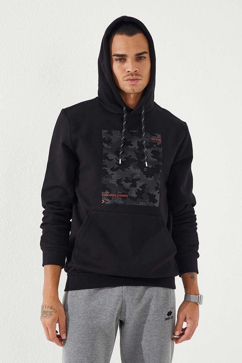 Siyah Kamuflaj Desen Baskılı Standart Kalıp Kapüşonlu Erkek Sweatshirt - 87884