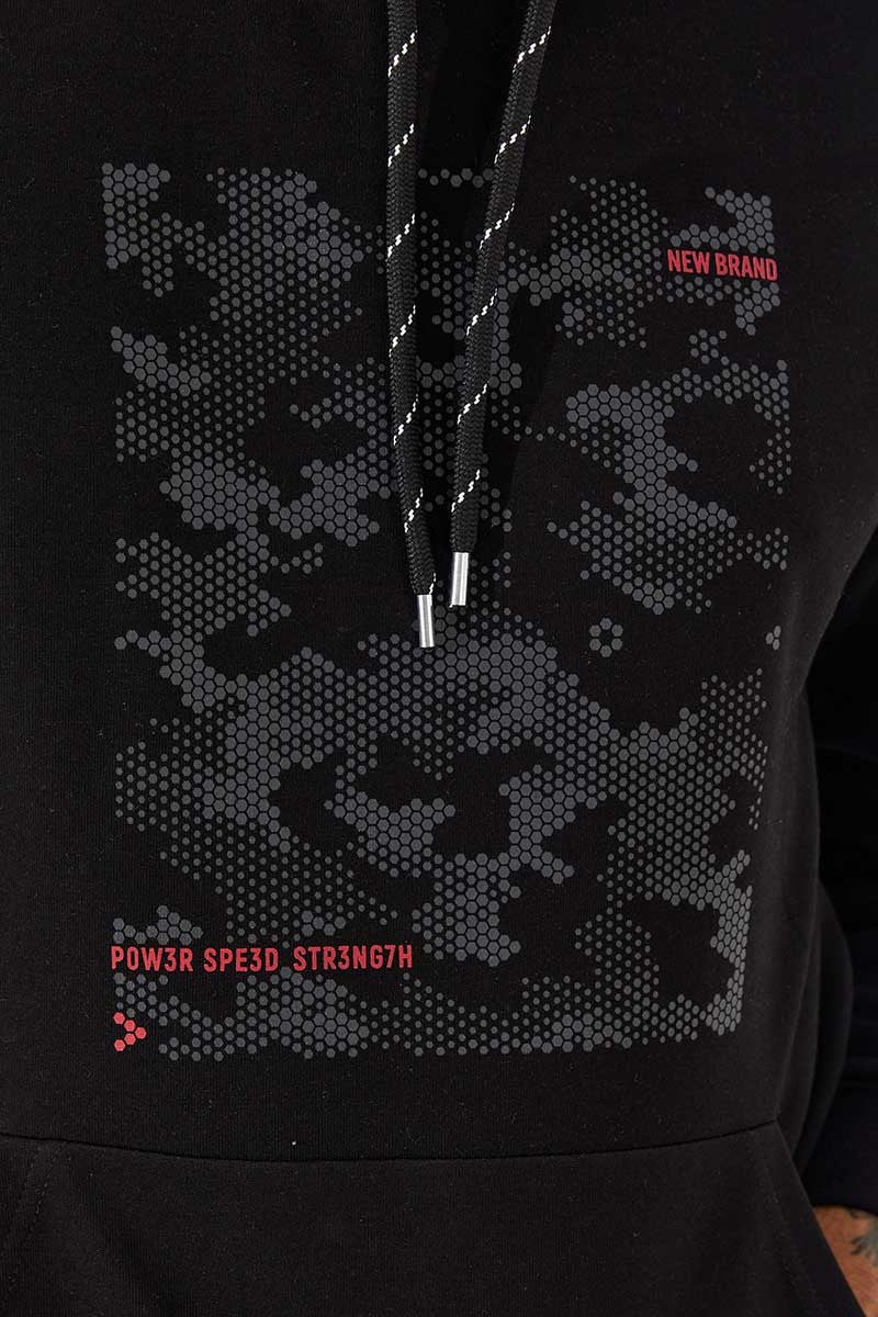 Siyah Kamuflaj Desen Baskılı Standart Kalıp Kapüşonlu Erkek Sweatshirt - 87884