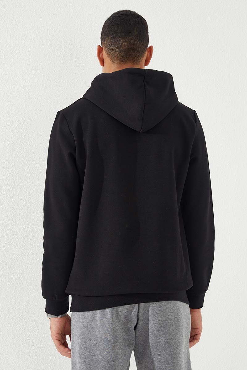 Siyah Kamuflaj Desen Baskılı Standart Kalıp Kapüşonlu Erkek Sweatshirt - 87884