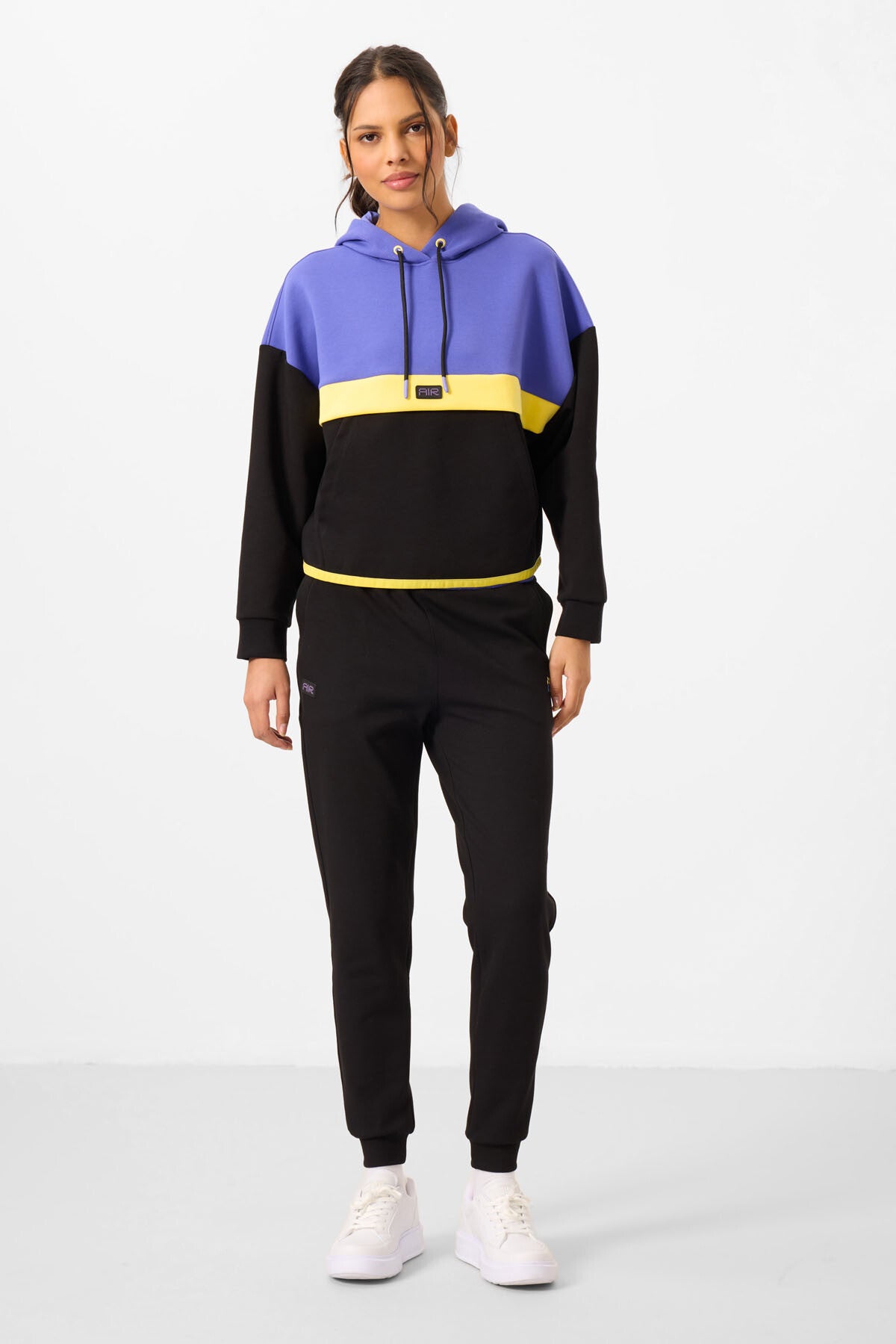 Siyah Kapüşonlu Pamuklu Renk Bloklu Kadın Eşofman Takım - 95327