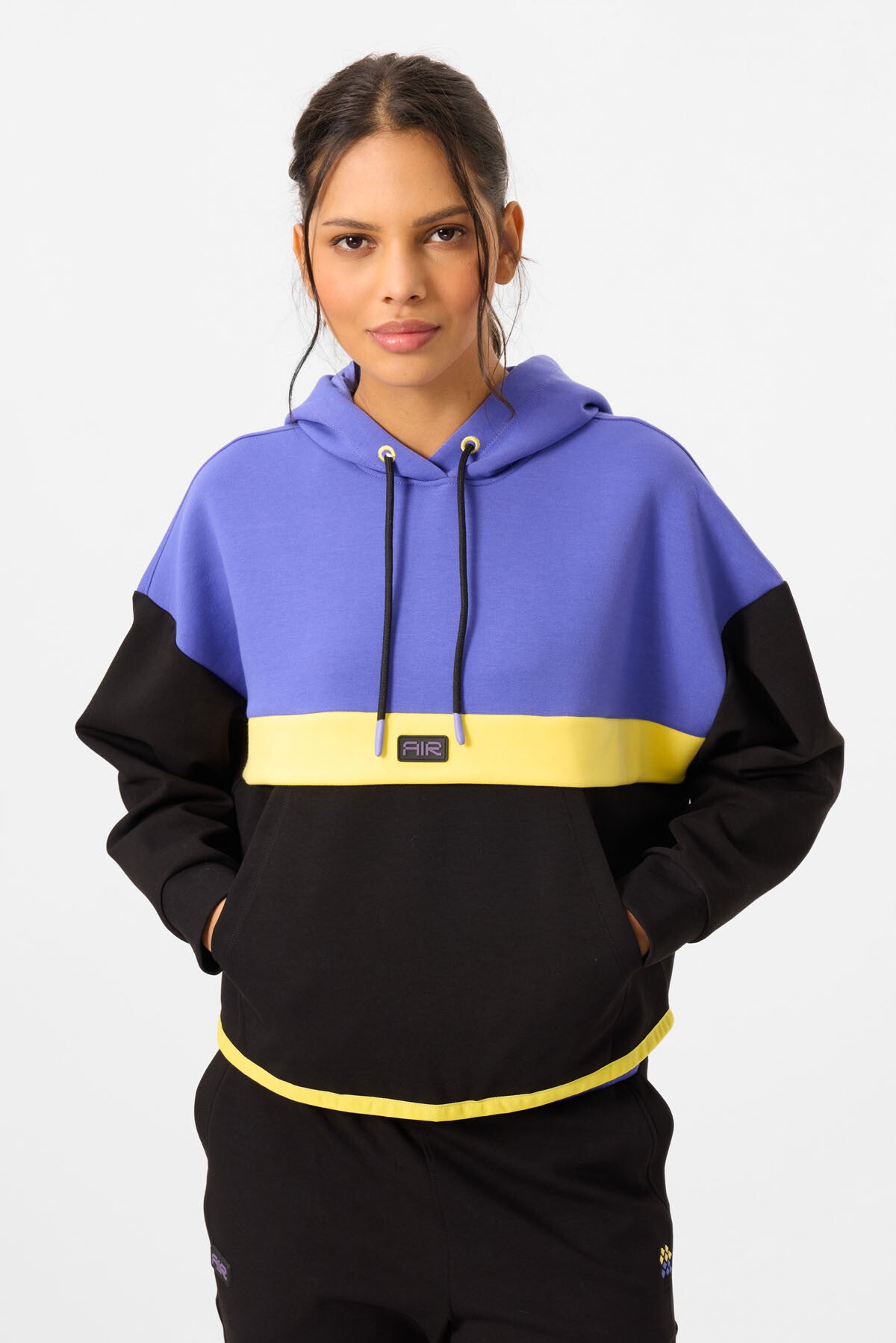 Siyah Kapüşonlu Pamuklu Renk Bloklu Kadın Eşofman Takım - 95327