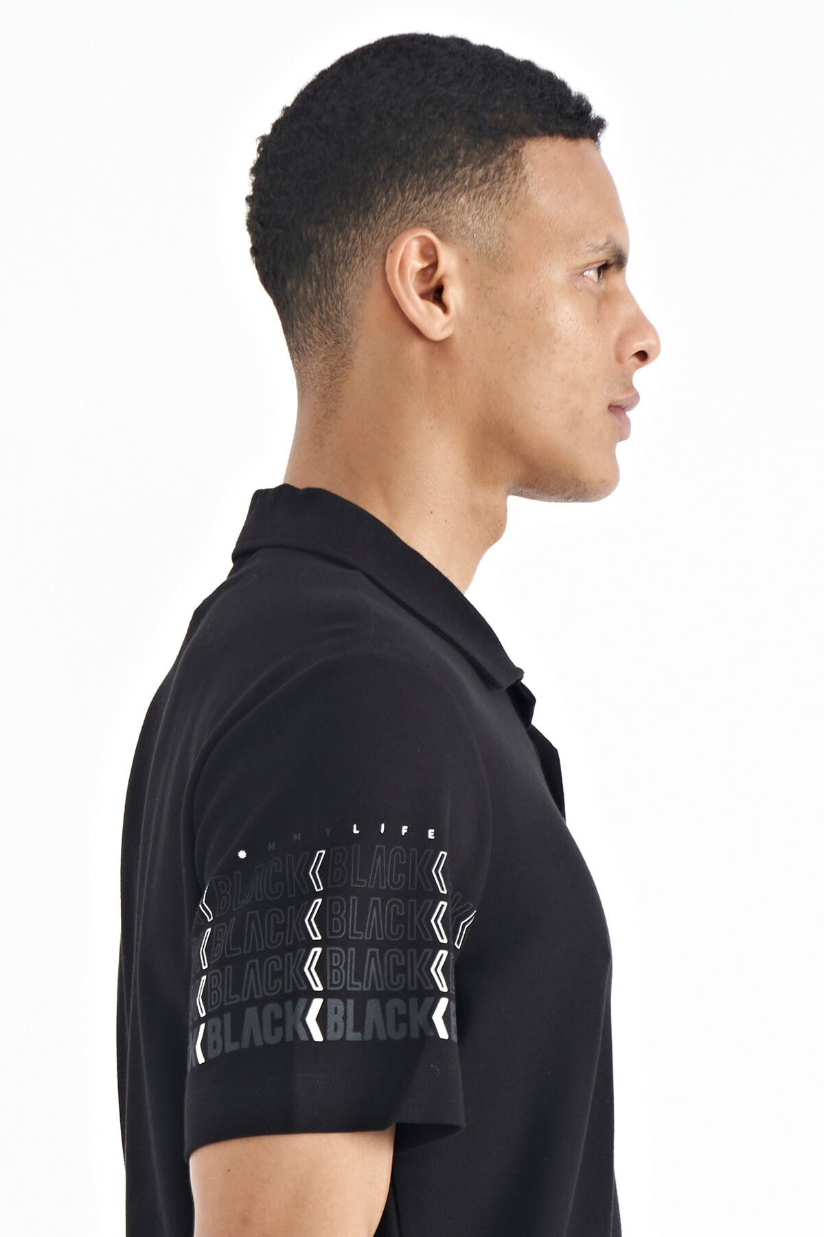 Siyah Kol Baskı Detaylı Polo Yaka Standart Form Erkek T-shirt - 88240