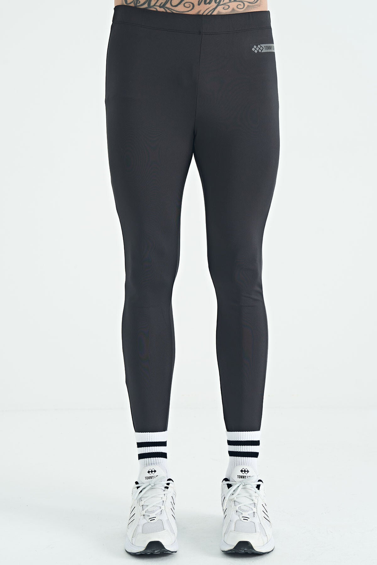 Siyah Logo Baskılı Yüksek Bel Slim Fit Aktif Spor Erkek Tayt - 84989