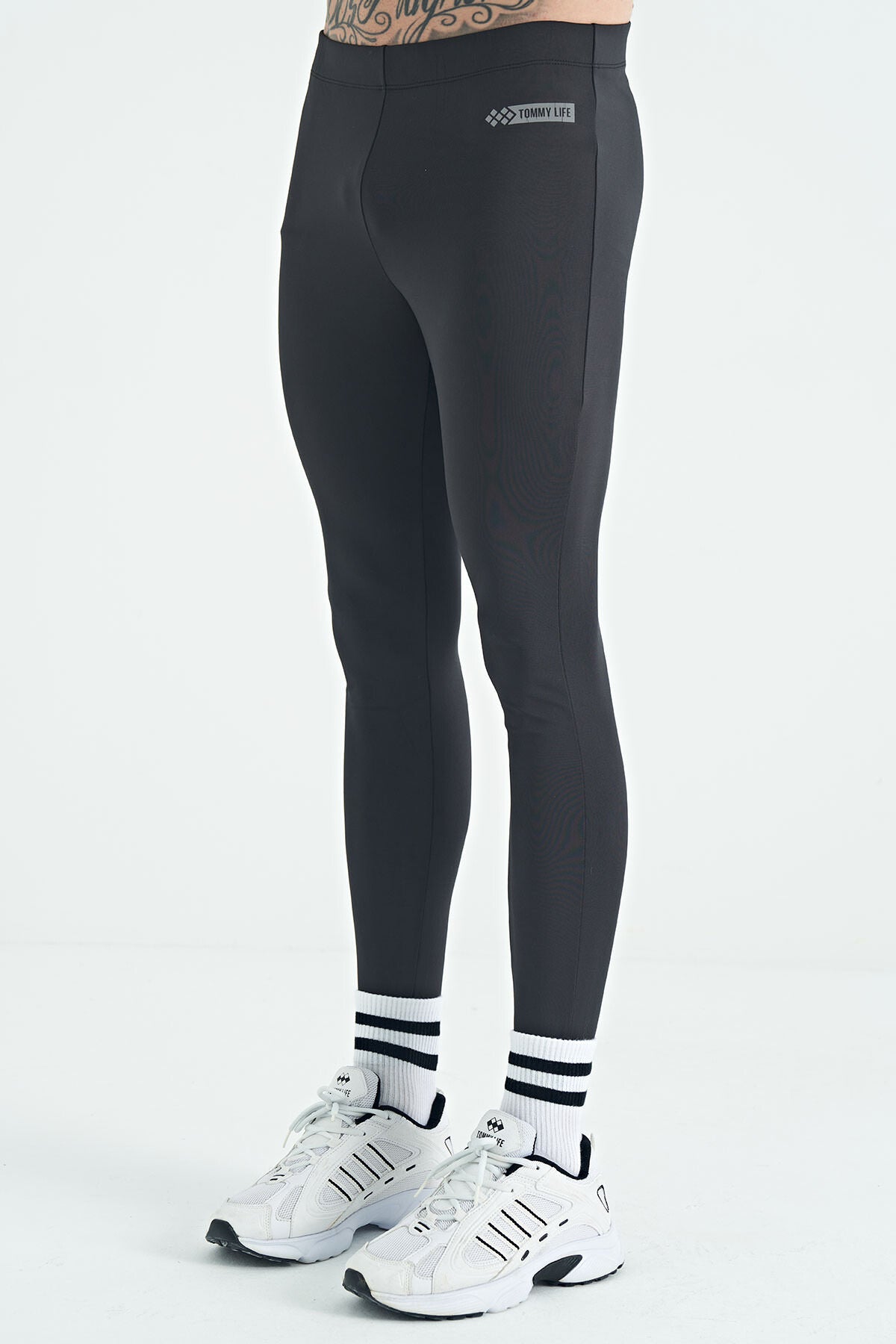 Siyah Logo Baskılı Yüksek Bel Slim Fit Aktif Spor Erkek Tayt - 84989