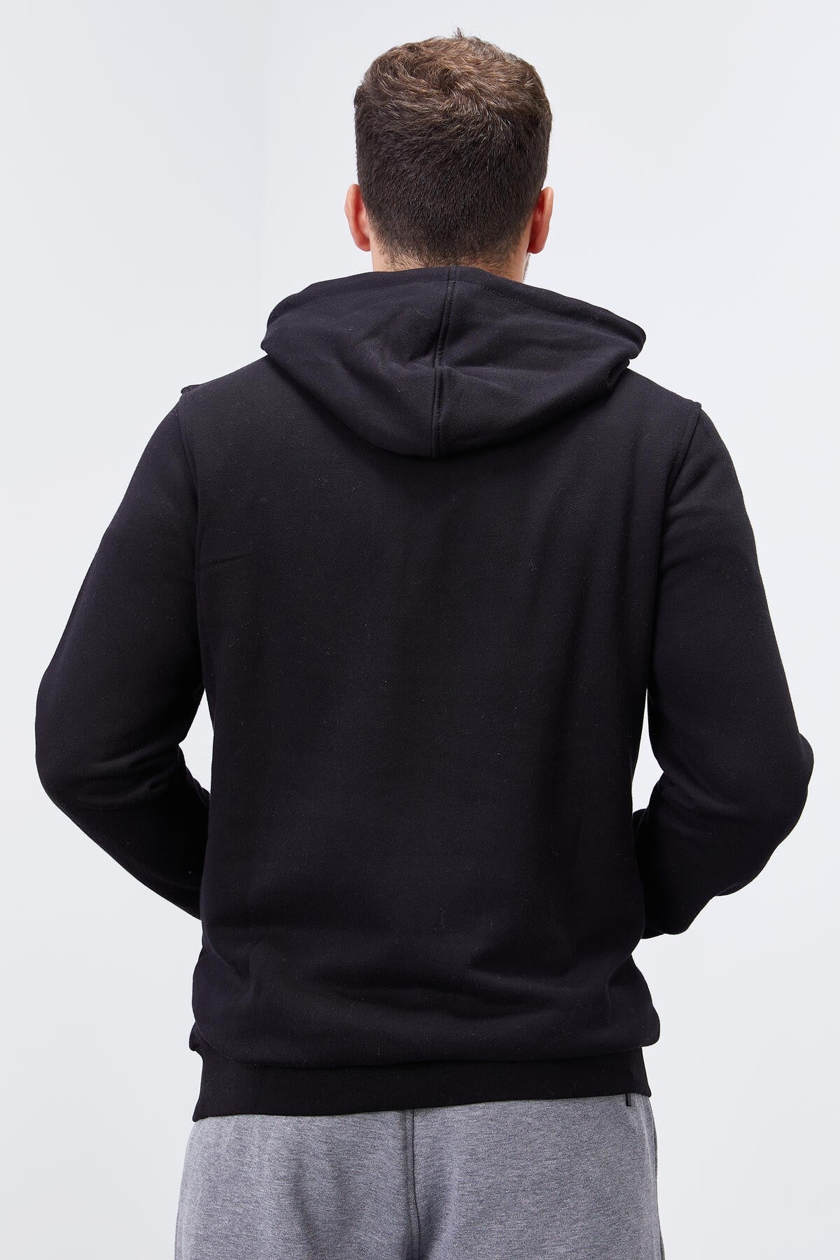 Siyah Nakışlı Kanguru Cep Standart Kalıp Kapüşonlu Erkek Sweatshirt - 87839