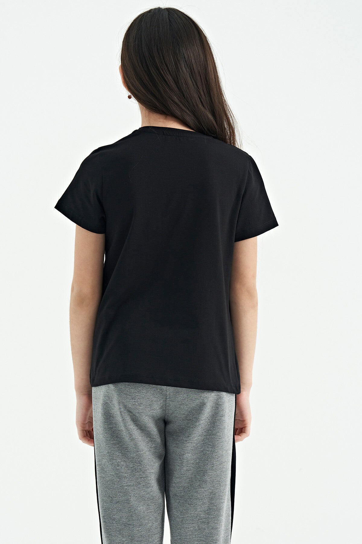 Siyah O Yaka Baskı Detaylı Rahat Kalıp Kız Çocuk T-Shirt - 75129