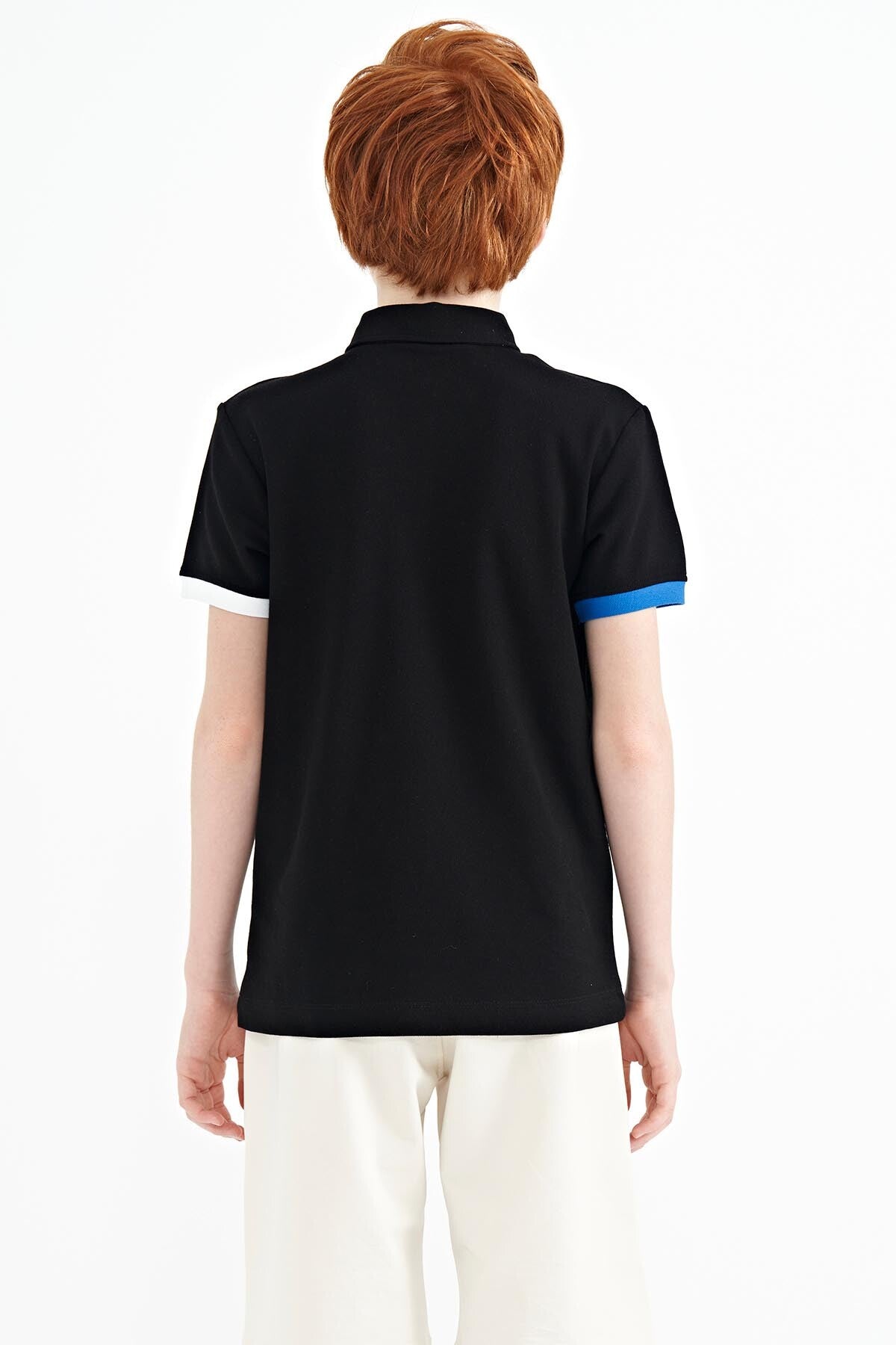 Siyah Ön Cep Detaylı Baskılı Standart Kalıp Polo Yaka Erkek Çocuk T-Shirt - 11102