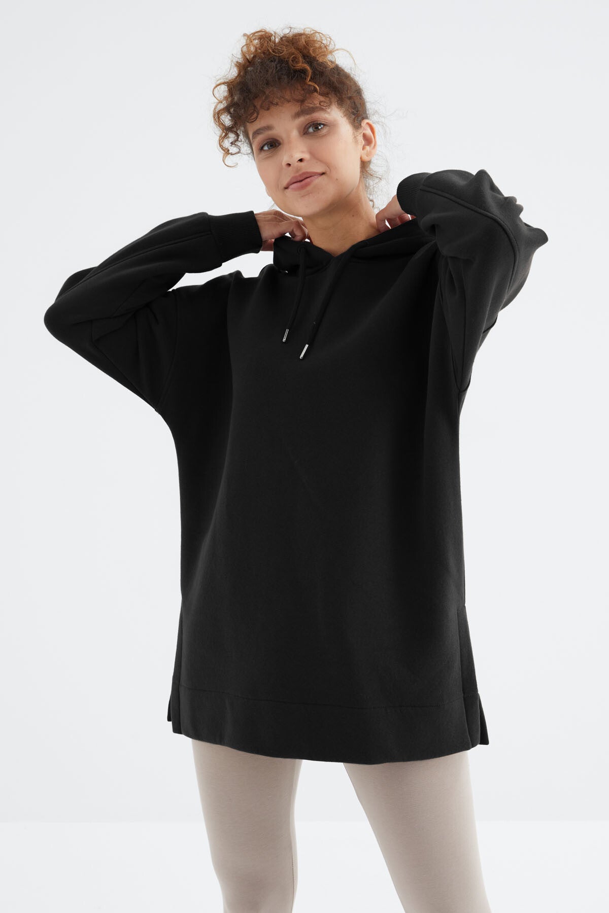Siyah Reglan Kol Basic Kapüşonlu Oversize Sweatshirt Tunik - 97242