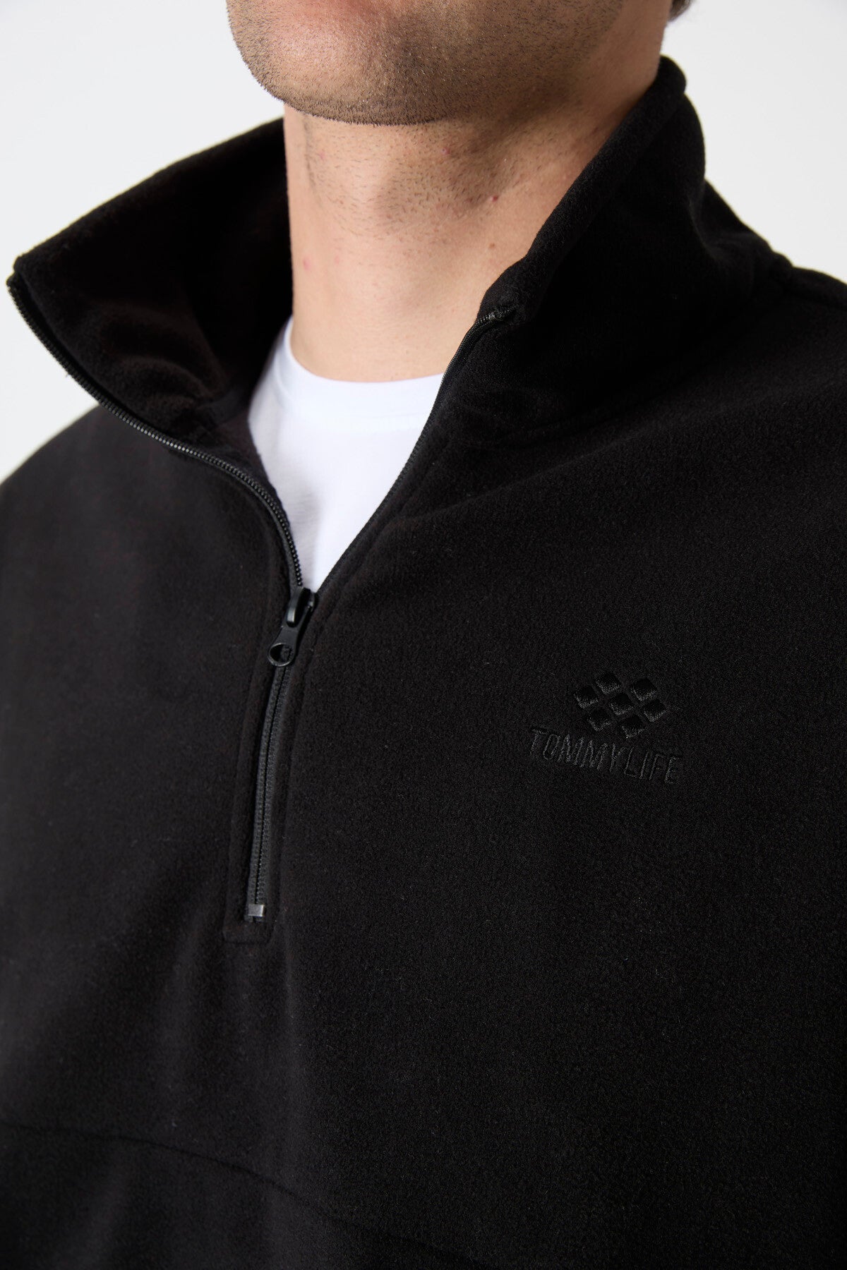 Siyah Yarım Fermuarlı Sweatshirt Slim Fit Dik Yaka Erkek Polar - 87891