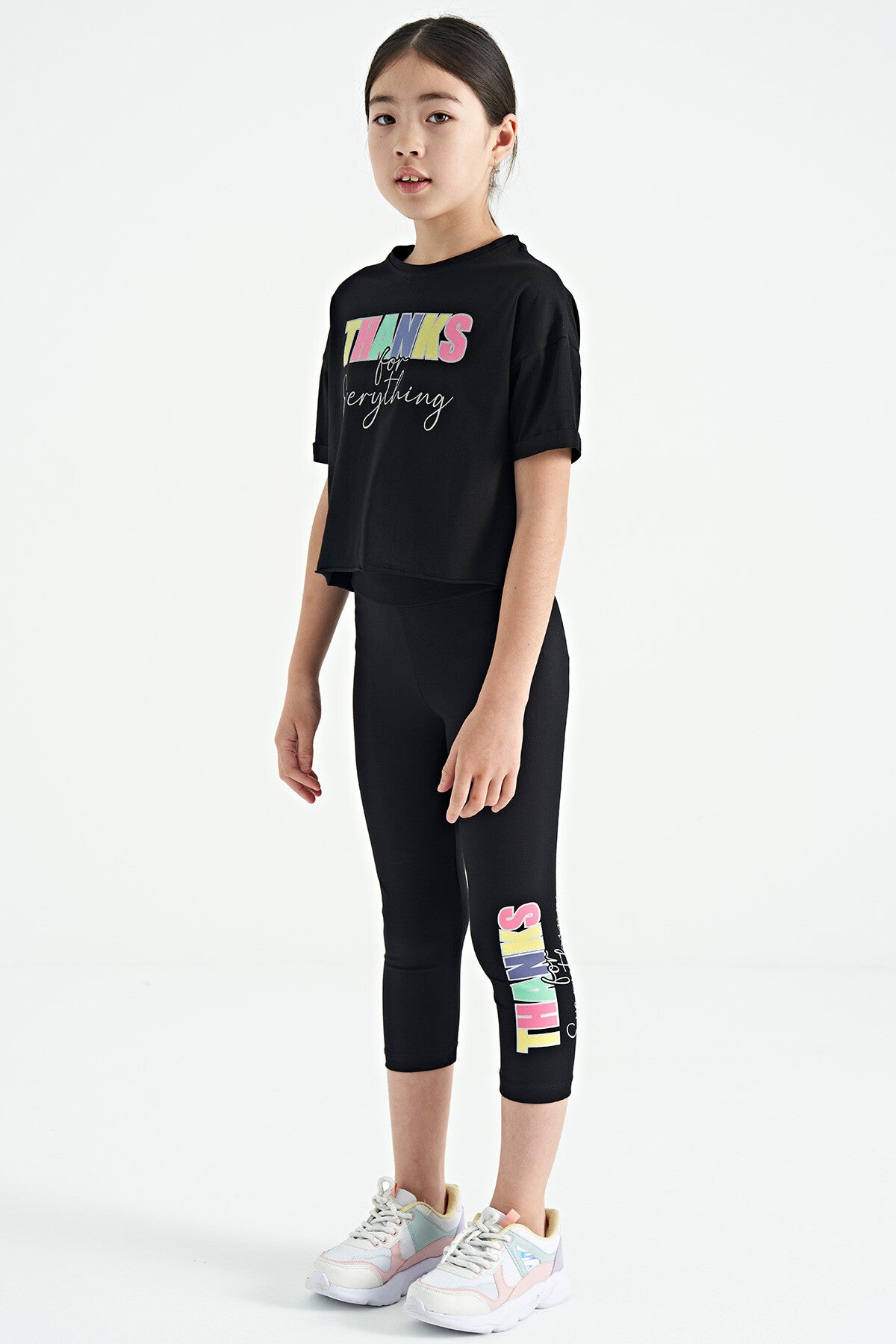Siyah Yazı Baskılı Oversize Kız Çocuk Crop Tayt Takım - 75133
