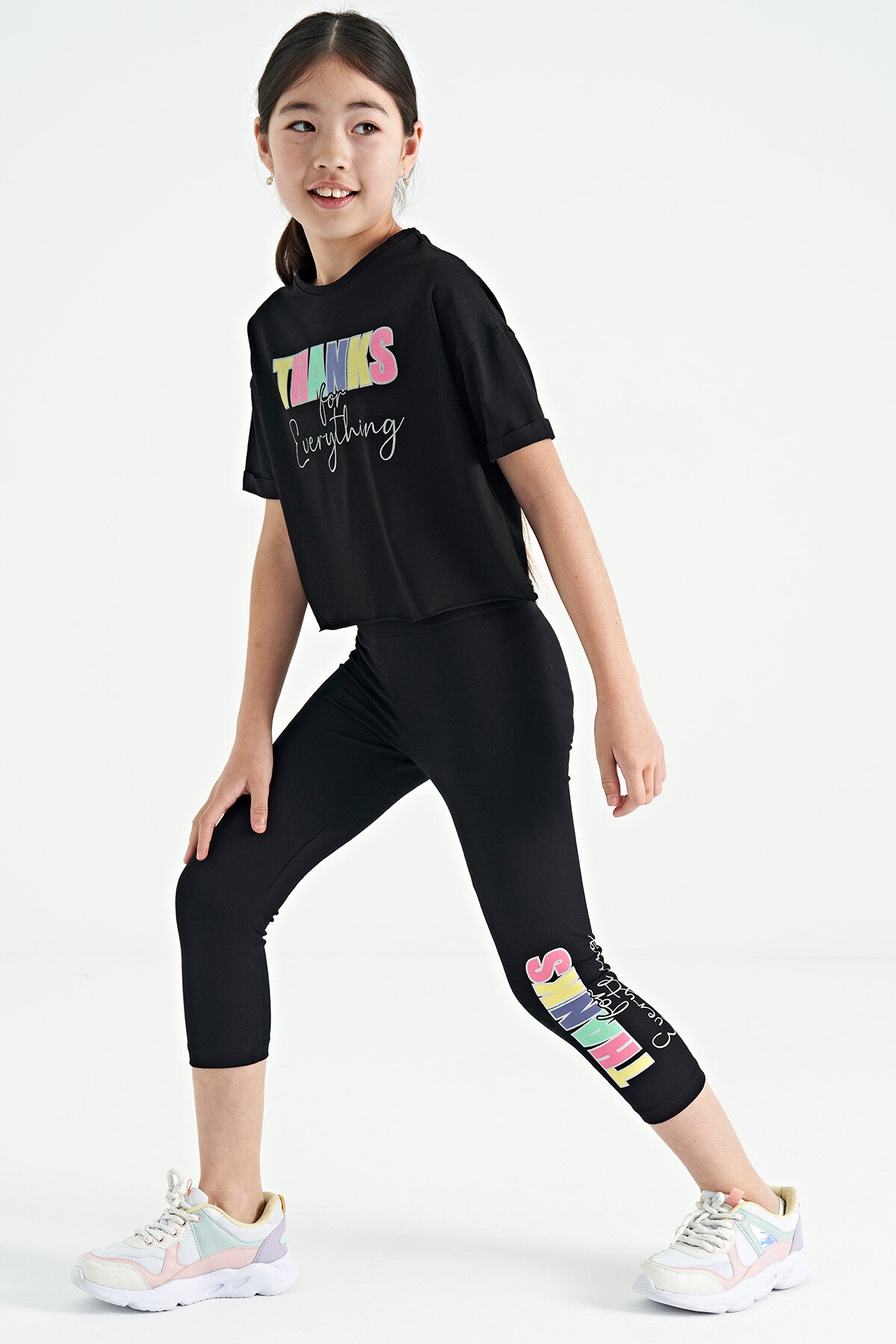 Siyah Yazı Baskılı Oversize Kız Çocuk Crop Tayt Takım - 75133