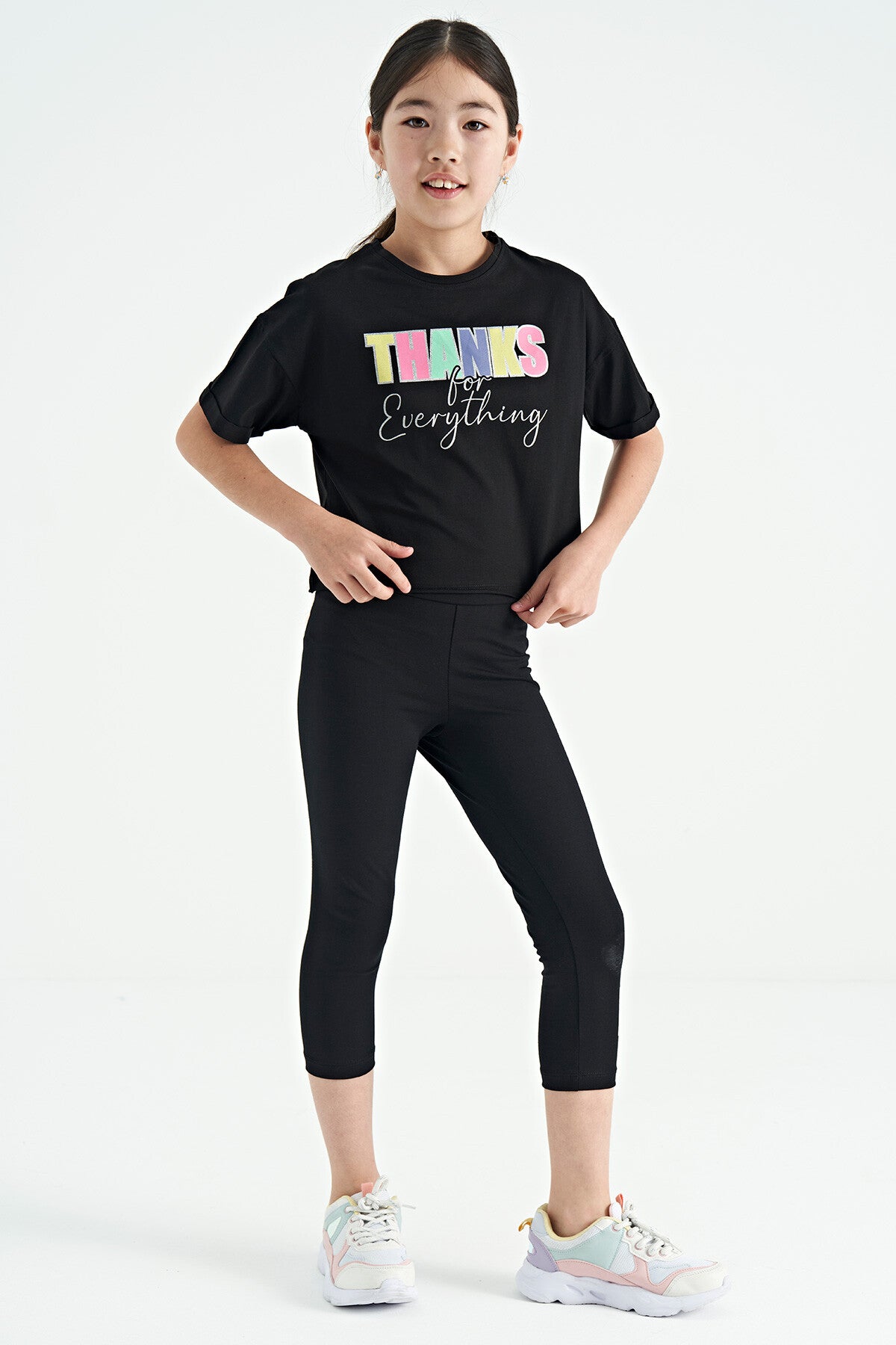 Siyah Yazı Baskılı Oversize Kız Çocuk Crop Tayt Takım - 75133