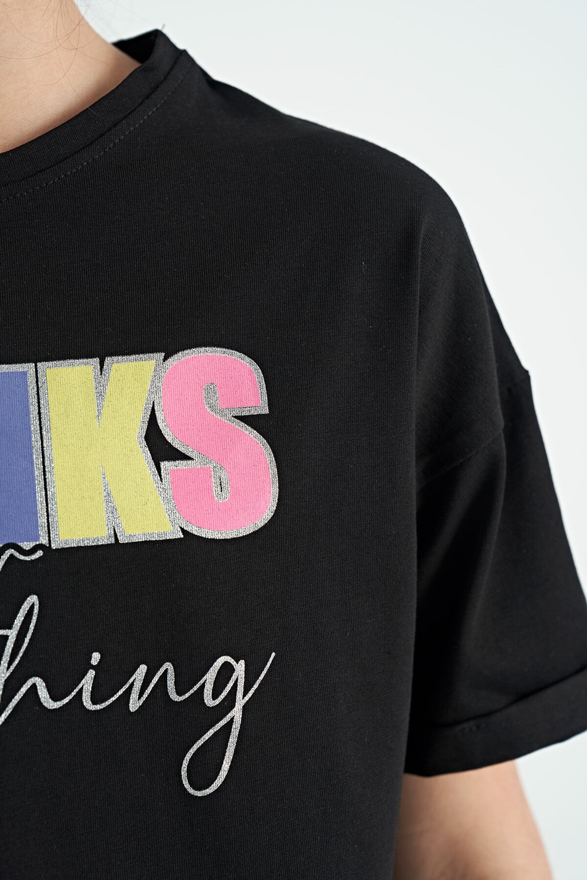 Siyah Yazı Baskılı Oversize Kız Çocuk Crop Tayt Takım - 75133
