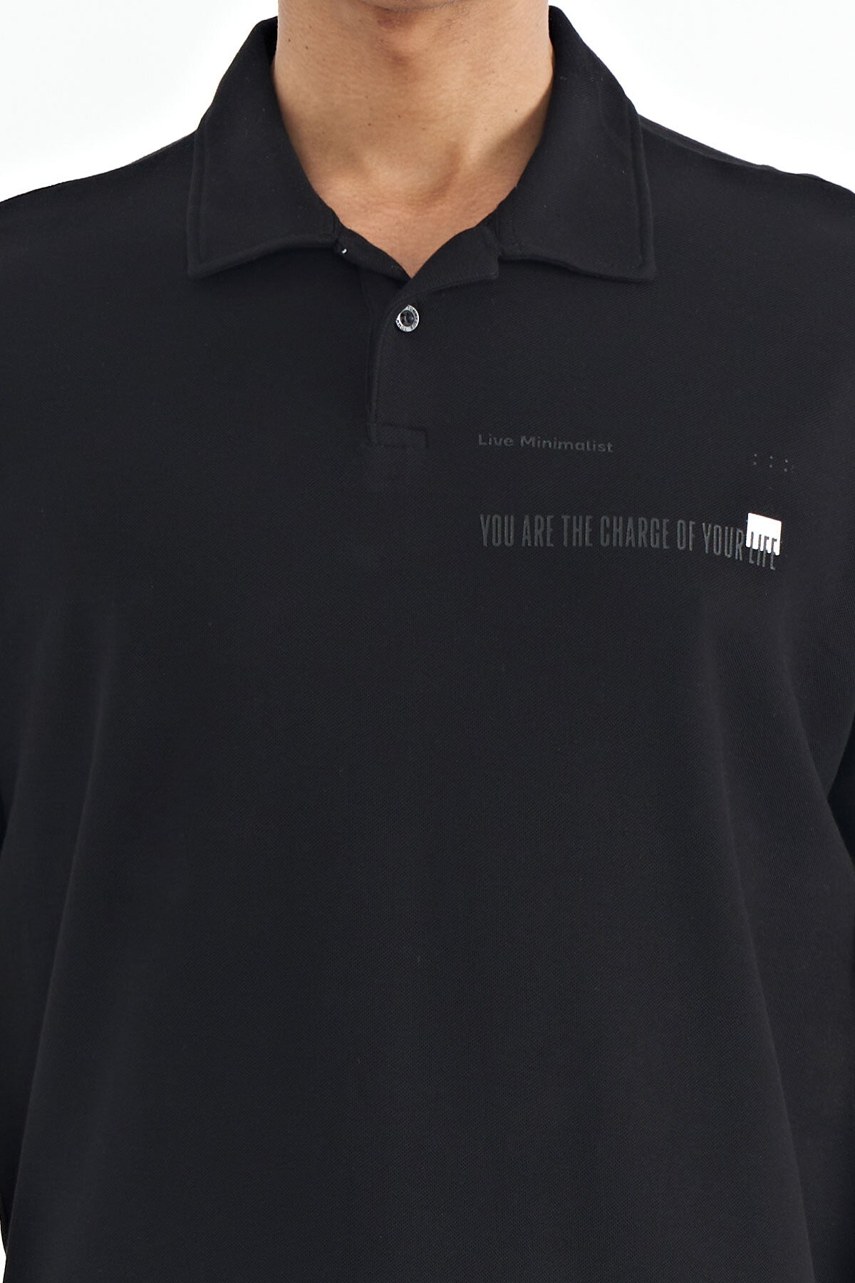 Siyah Yazı Baskılı Standart Form Polo Yaka Erkek T-shirt - 88236