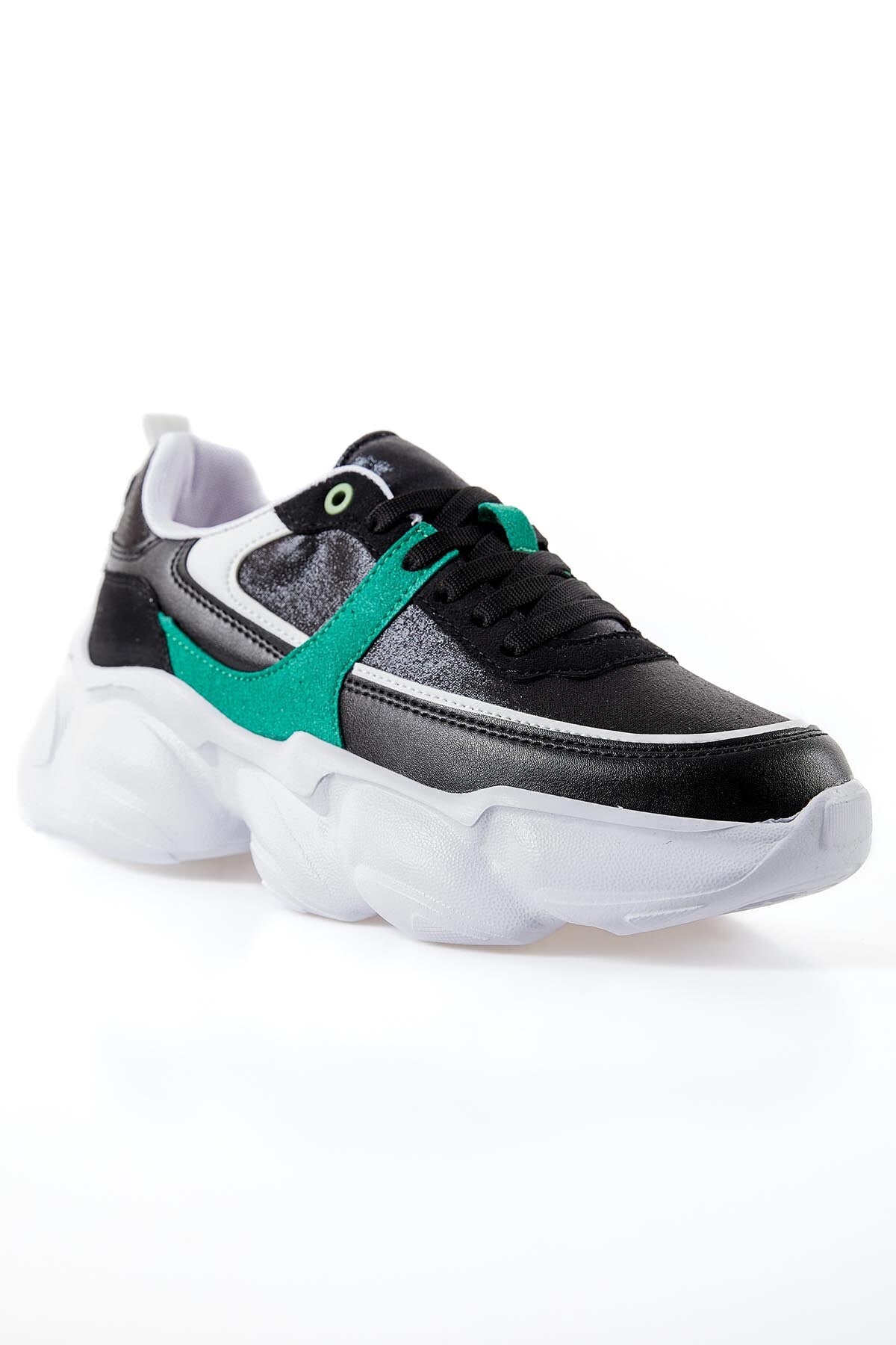 Siyah - Yeşil Yüksek Tabanlı Bağcıklı Renk Geçişli Suni Deri Kadın Spor Ayakkabı - 89206