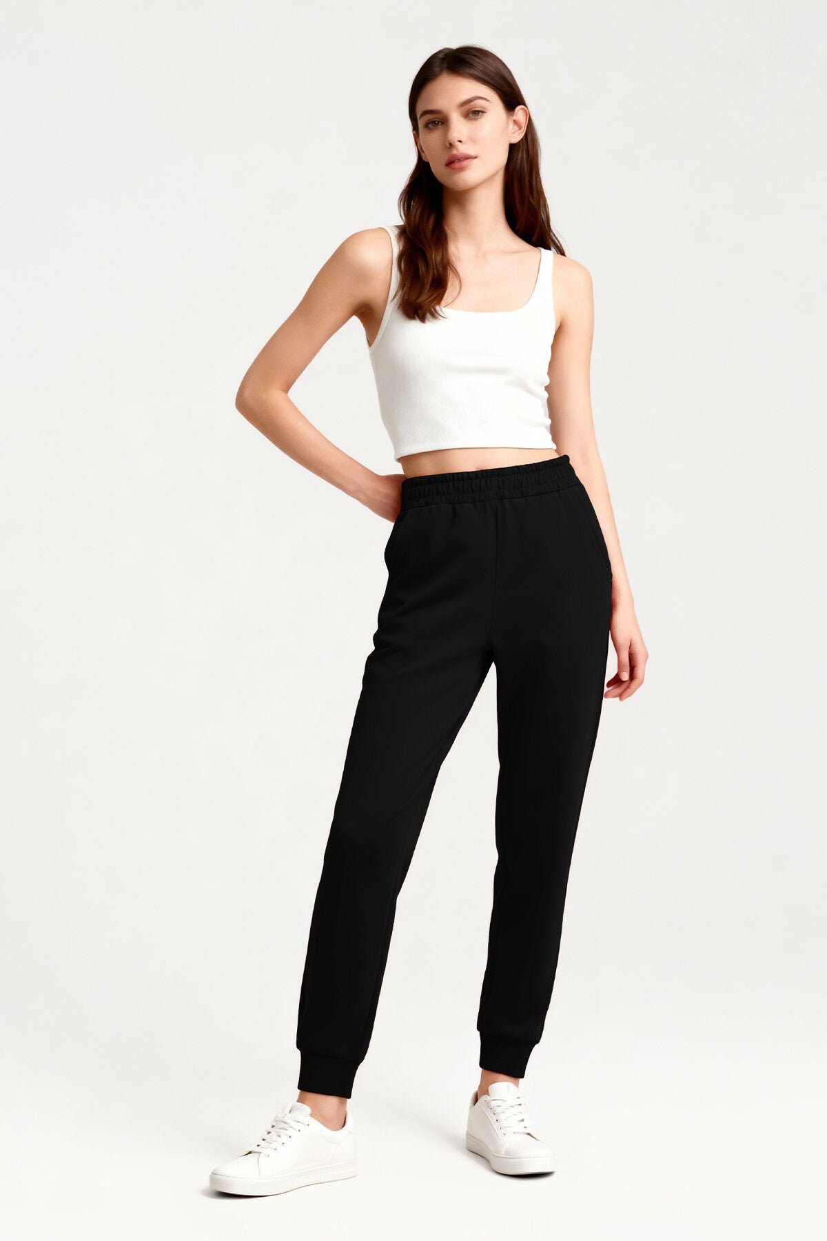Siyah Yüksek Bel Jogger Rahat Form Manşetli Kadın Eşofman Alt - 94561