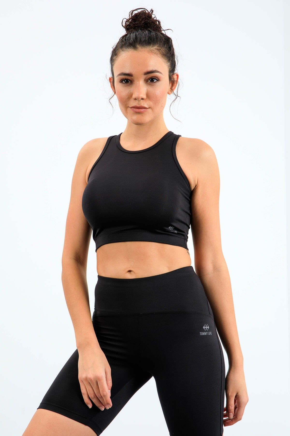 Siyah Yüksek Bel Toparlayıcı Dar Kalıp Crop Biker Kadın Tayt Takım - 95302