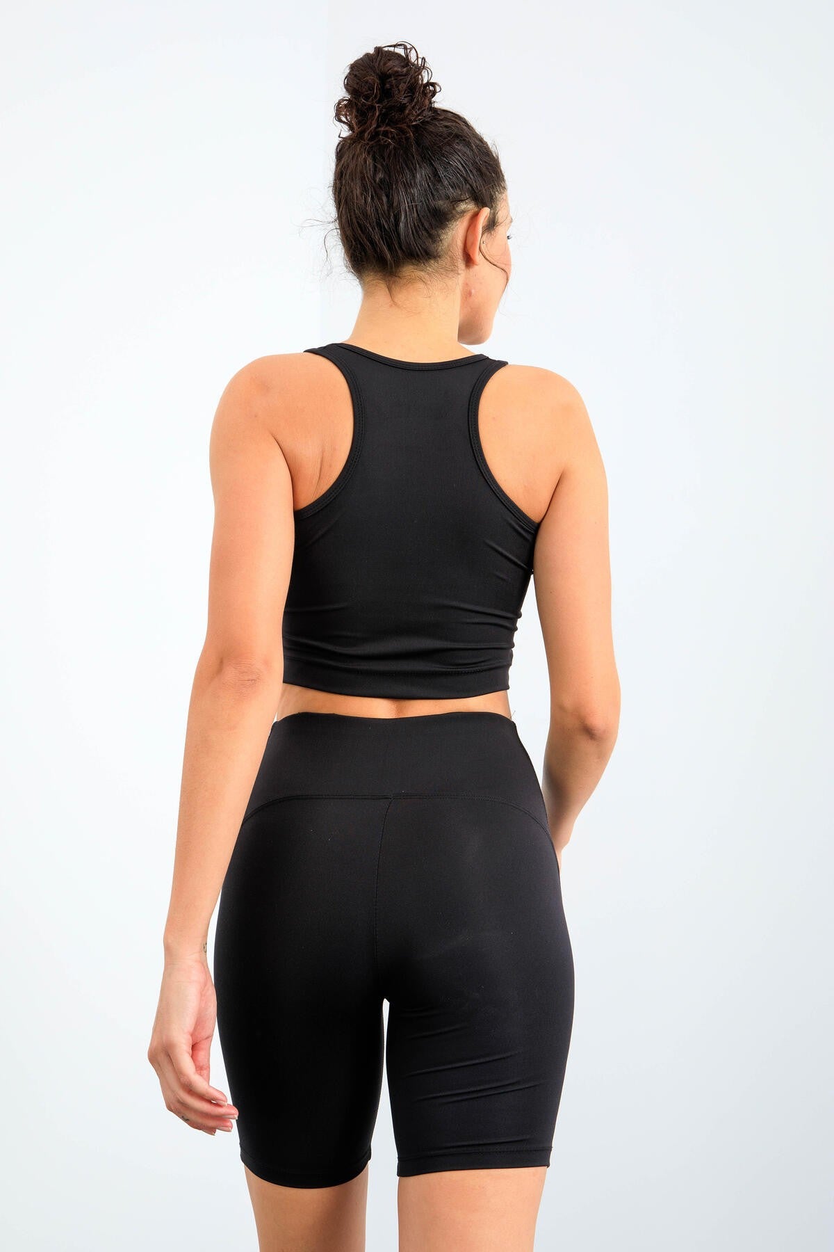 Siyah Yüksek Bel Toparlayıcı Dar Kalıp Crop Biker Kadın Tayt Takım - 95302