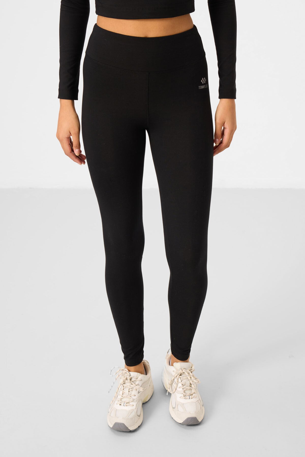 Siyah Yüksek Bel Uzun Kollu Slim Fit Crop Top Kadın Tayt Takım - 95286