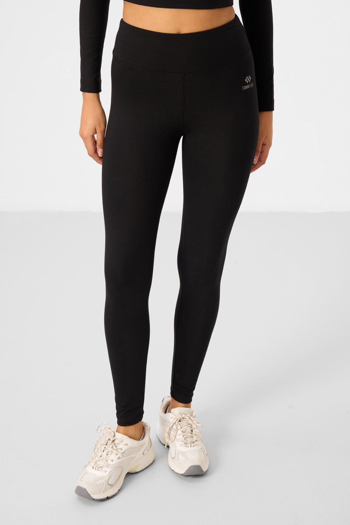 Siyah Yüksek Bel Uzun Kollu Slim Fit Crop Top Kadın Tayt Takım - 95286