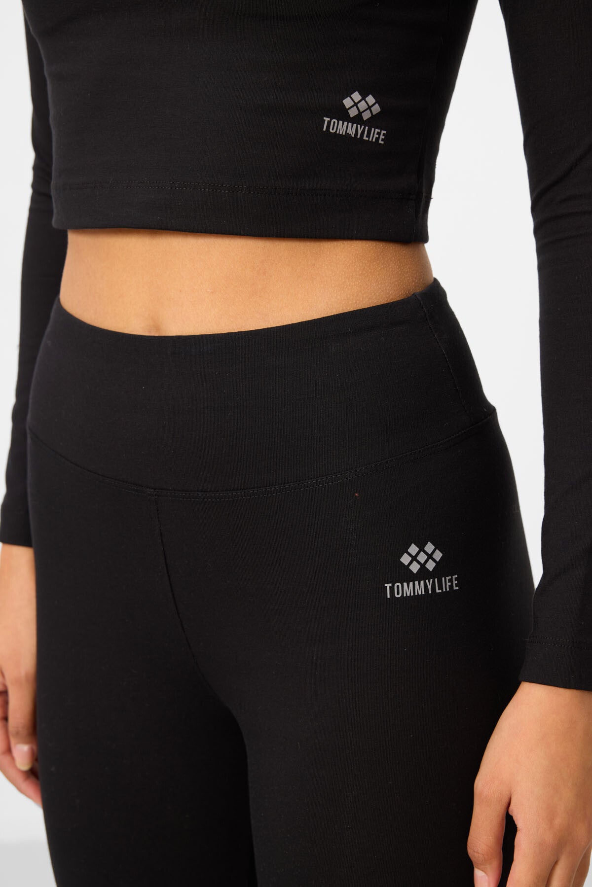 Siyah Yüksek Bel Uzun Kollu Slim Fit Crop Top Kadın Tayt Takım - 95286