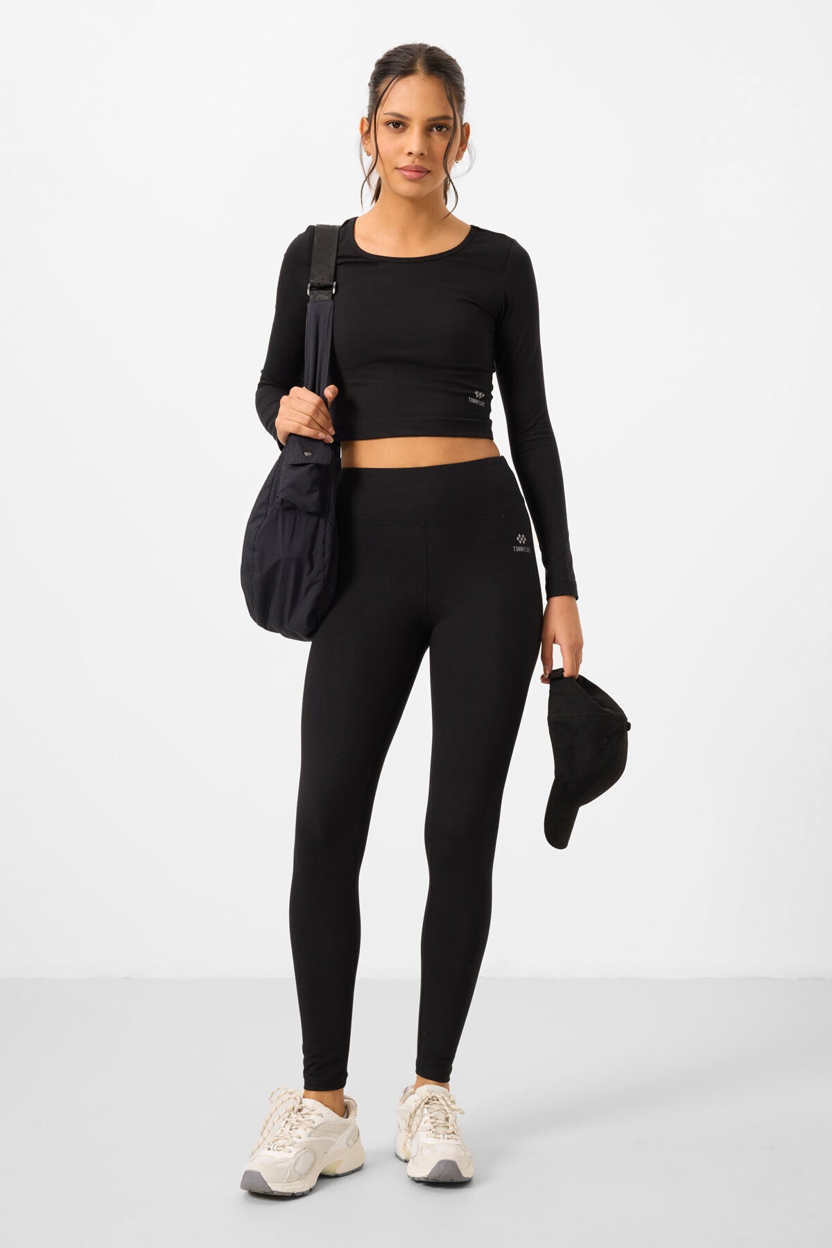 Siyah Yüksek Bel Uzun Kollu Slim Fit Crop Top Kadın Tayt Takım - 95286