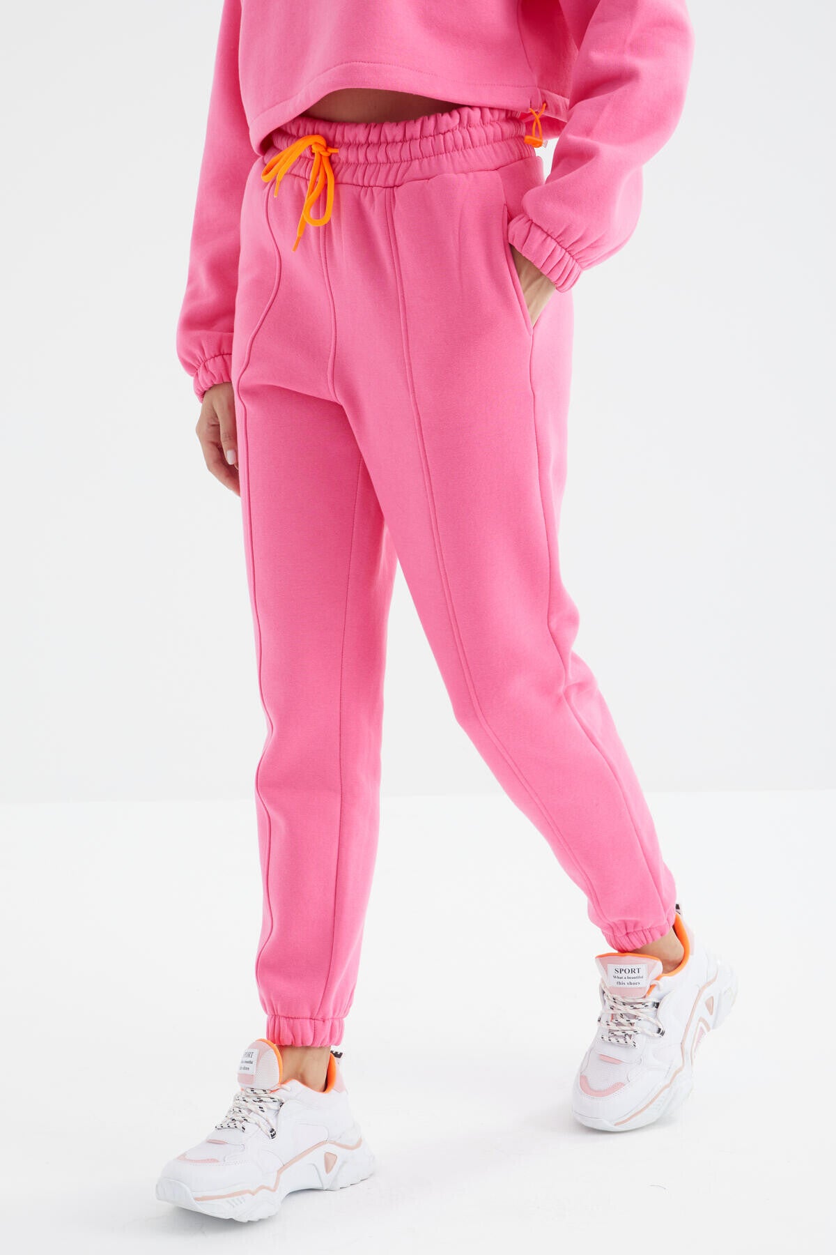 Şeker Pembe Düşük Omuzlu Beli Büzgülü Yarım Boy Fermuarlı Oversıze Kadın Eşofman Takım - 95321